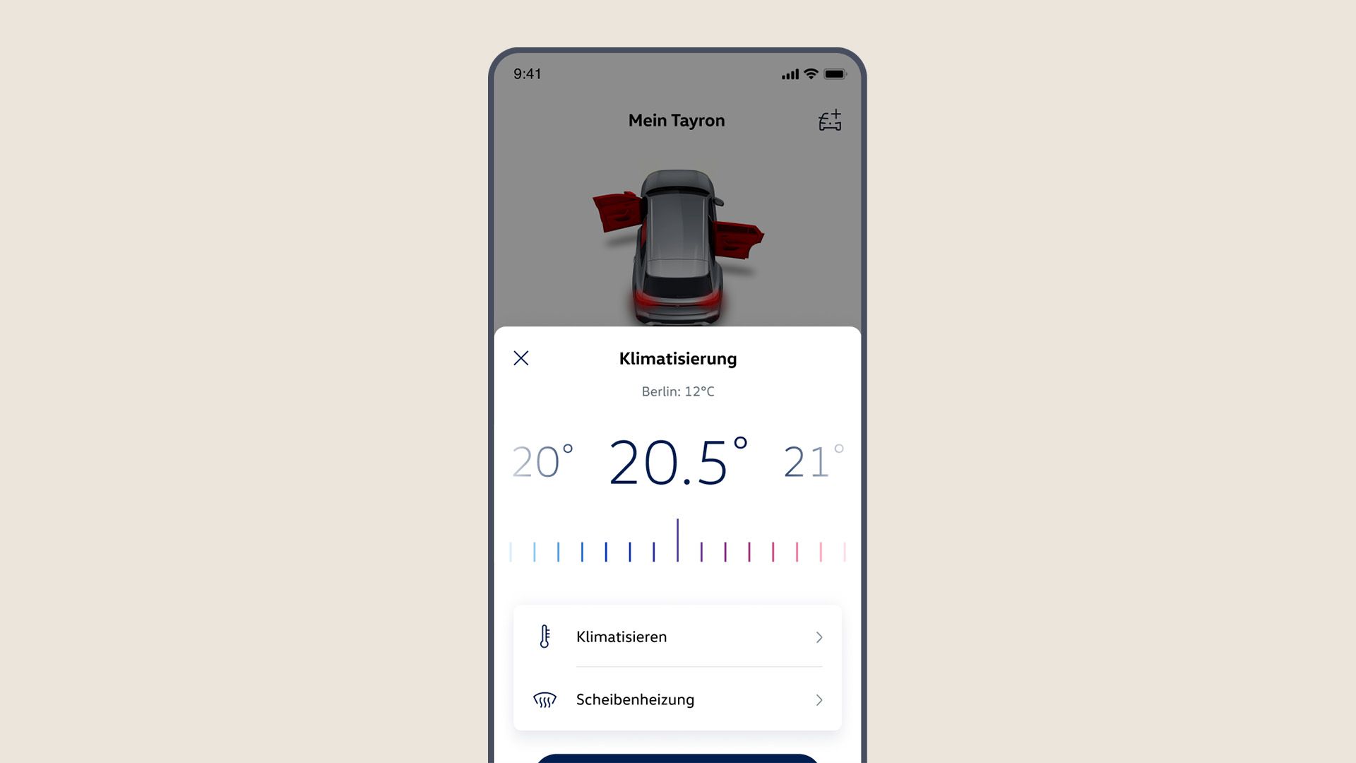 Anzeige der Klimatisierung in der Volkswagen App mit Temperatureinstellung für einen T-Roc.