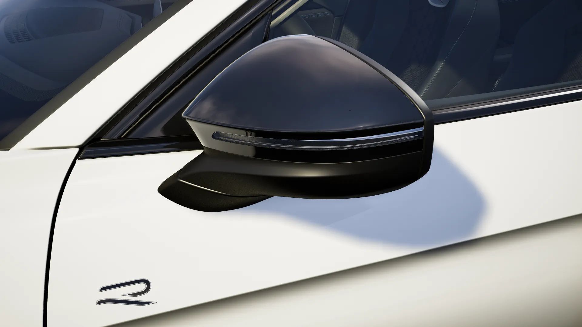 Detailansicht des Außenspiegel eines VW Passat R-Line mit "Black Style" Paket