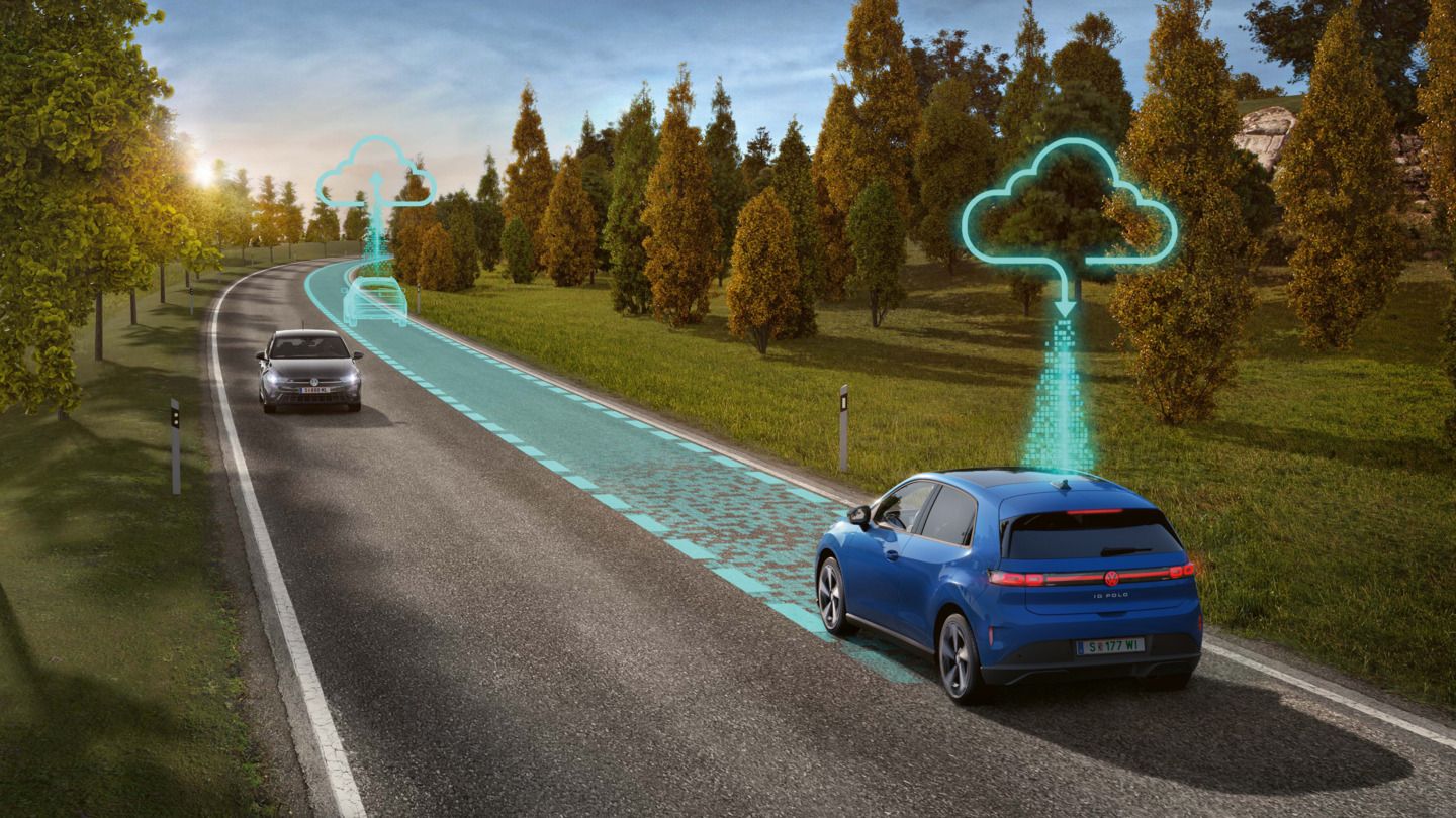 Illustration zeigt schematisch anhand eines blauen VW ID. Polo die Funktionsweis des Travel Assist