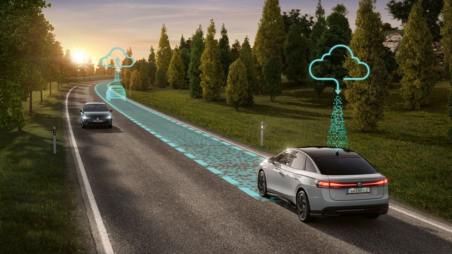 Illustration zeigt schematisch anhand eines VW ID.7 die Funktionsweise des Connected Travel Assist mit Schwarmdaten.