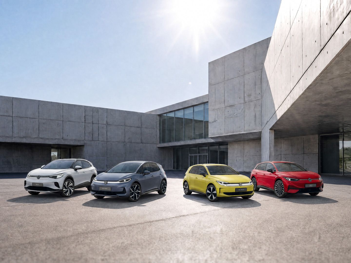 [AI-generated] – Vier moderne Elektroautos stehen nebeneinander auf einem weiten, leeren Platz vor einem minimalistischen Betongebäude. Die Fahrzeuge sind in den Farben Weiß, Grau, Gelb und Rot lackiert und wirken sportlich und futuristisch. Im Hintergrund scheint die Sonne am fast wolkenlosen Himmel und wirft klare Schatten auf den Betonboden.