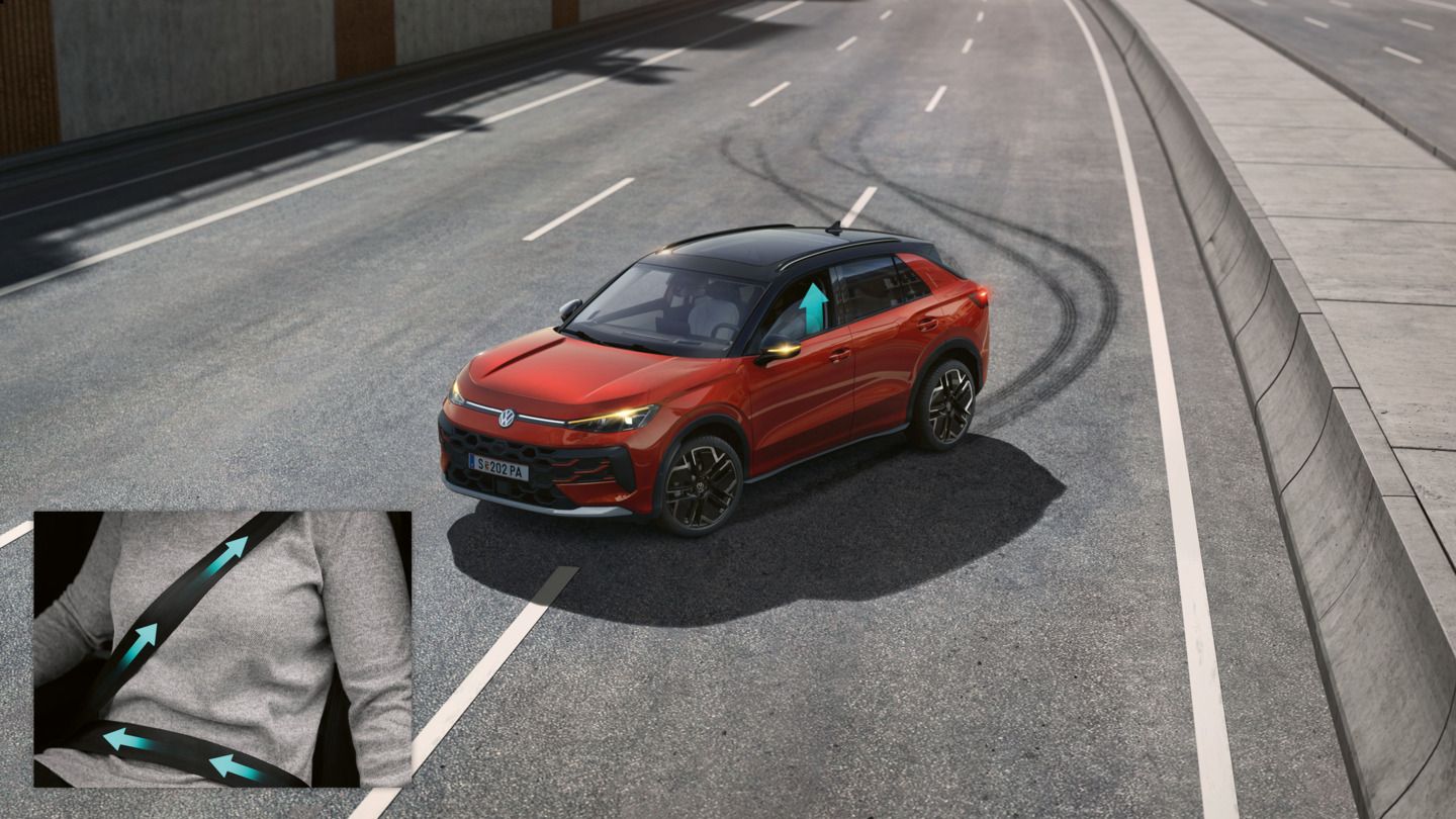 Illustration zeigt schematisch anhand eines VW T-Roc die Funktionsweise des proaktiven Insassenschutzsystems.