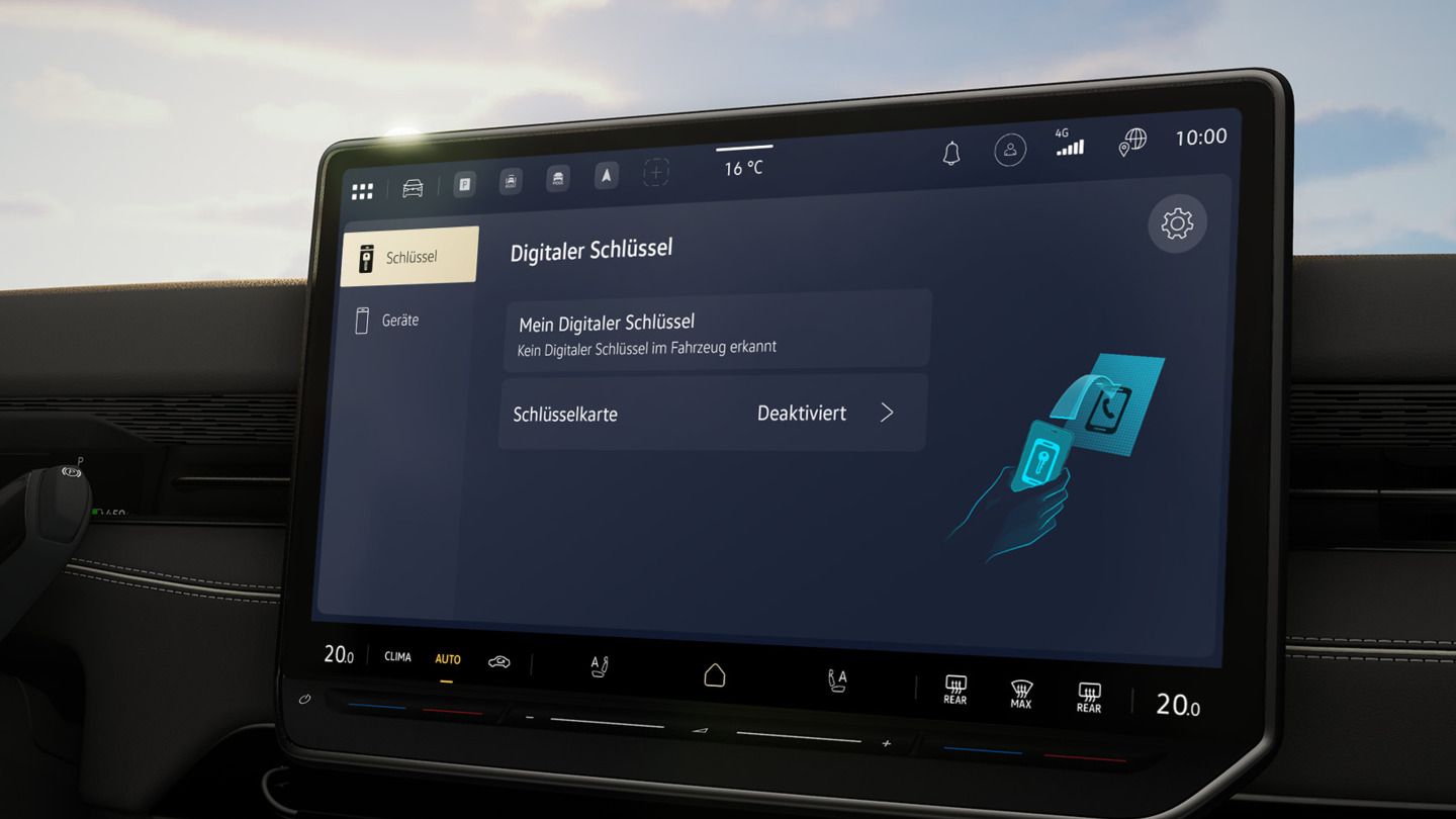 Das Bild zeigt das Infotainment System eines ID. Modells und die Funktion "digitaler Schlüssel"
