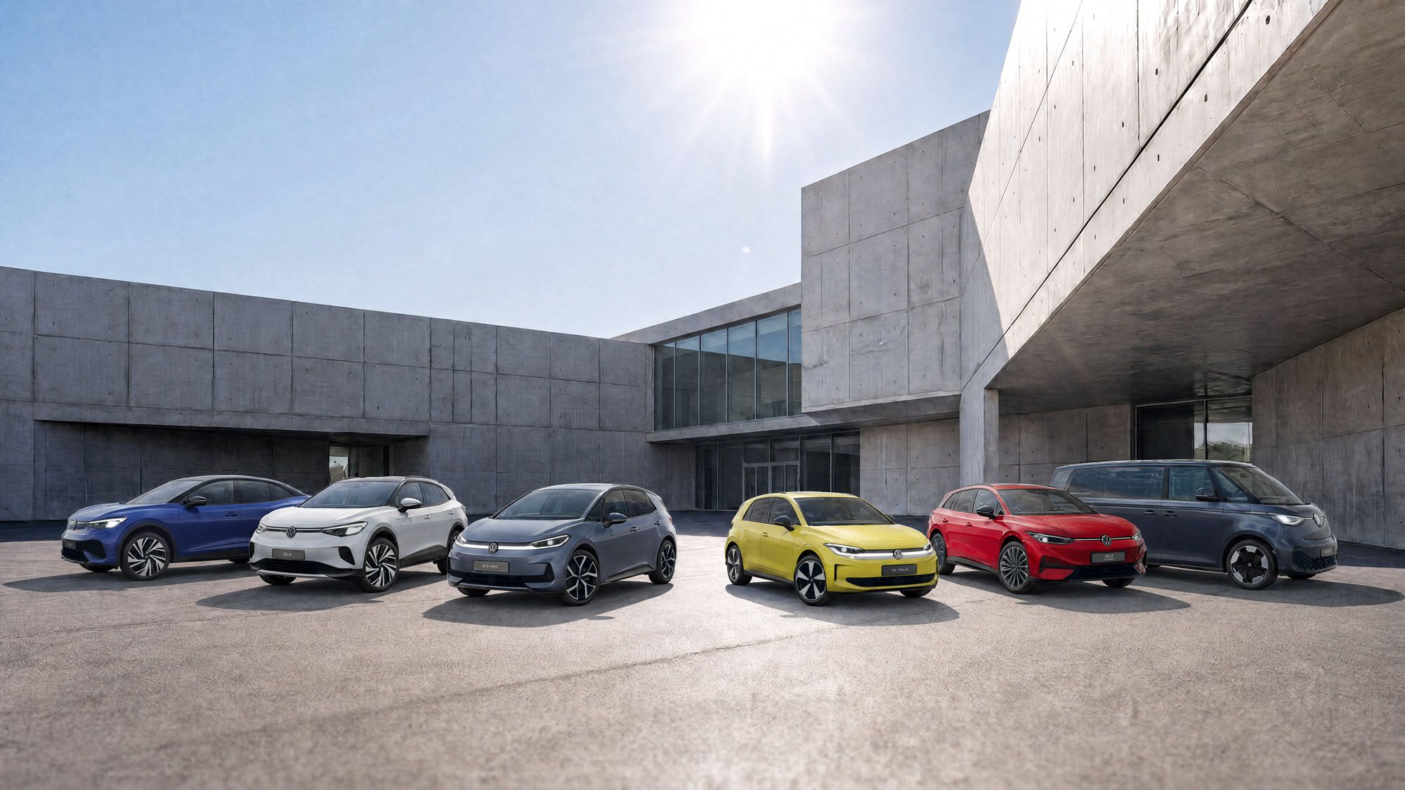 Die Grafik zeigt die ID. Familie mit den Modellen ID. Polo, ID.3, ID.4, ID.5, ID.7 Tourer und ID. Buzz