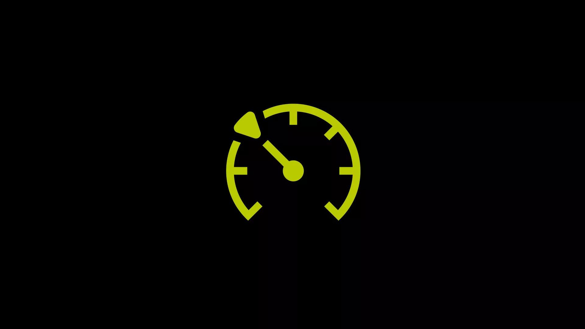 Das Bild zeigt ein grünes Geschwindigkeitssymbol auf einem schwarzen Hintergrund. Es stellt einen Tachometer dar, mit einem Zeiger, der auf das untere Drittel des Messbereichs zeigt.