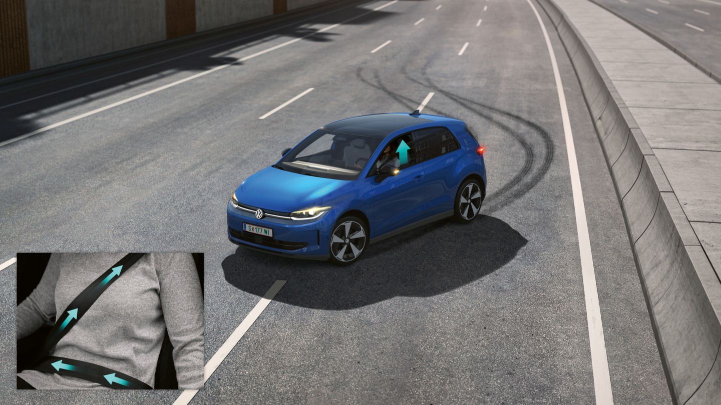 Illustration zeigt schematisch anhand eines VW ID.Polo die Funktionsweise des proaktiven Insassenschutzsystems.