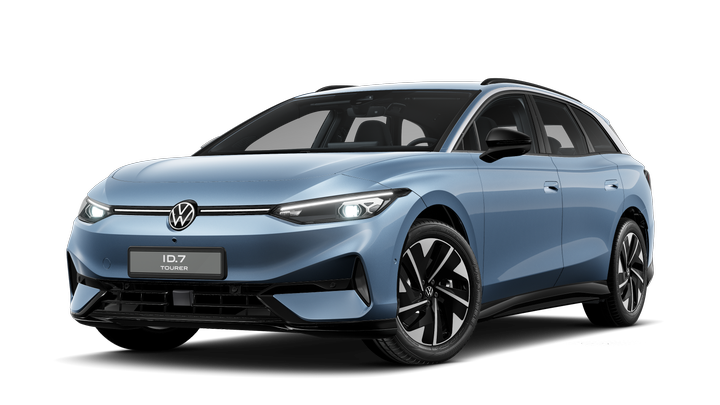 Schräge Frontansicht des ID.7 Tourer in Stonewashed Blue Metallic