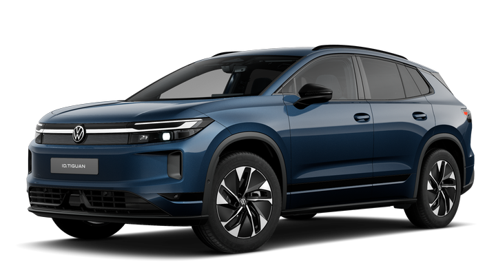 Seitlich schräge Ansicht eines ID. Tiguan Life in Jeansblau