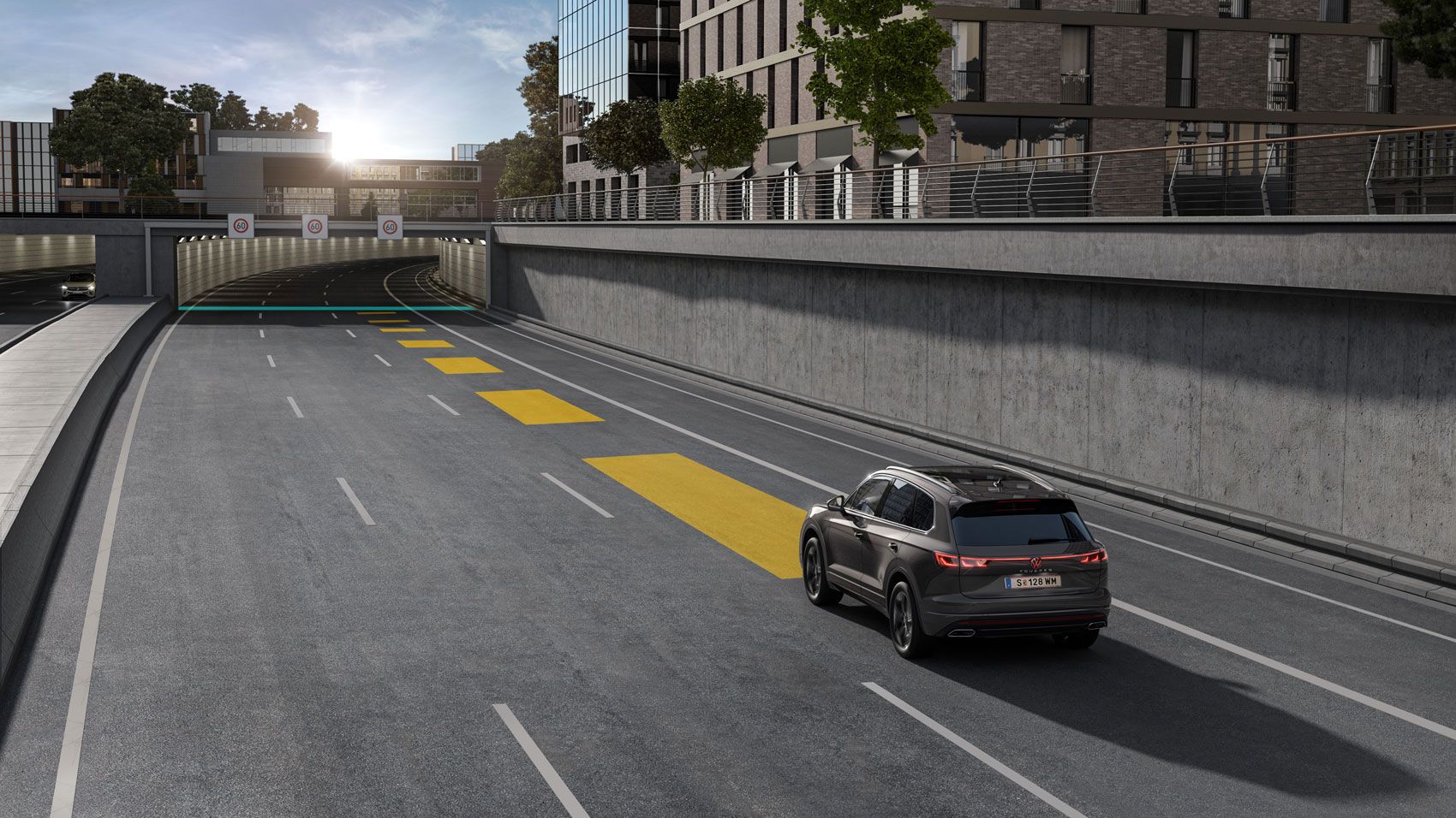 Illustration zeigt schematisch anhand eines VW Touareg die Funktionsweise der automatischen Distanzregelung ACC. 