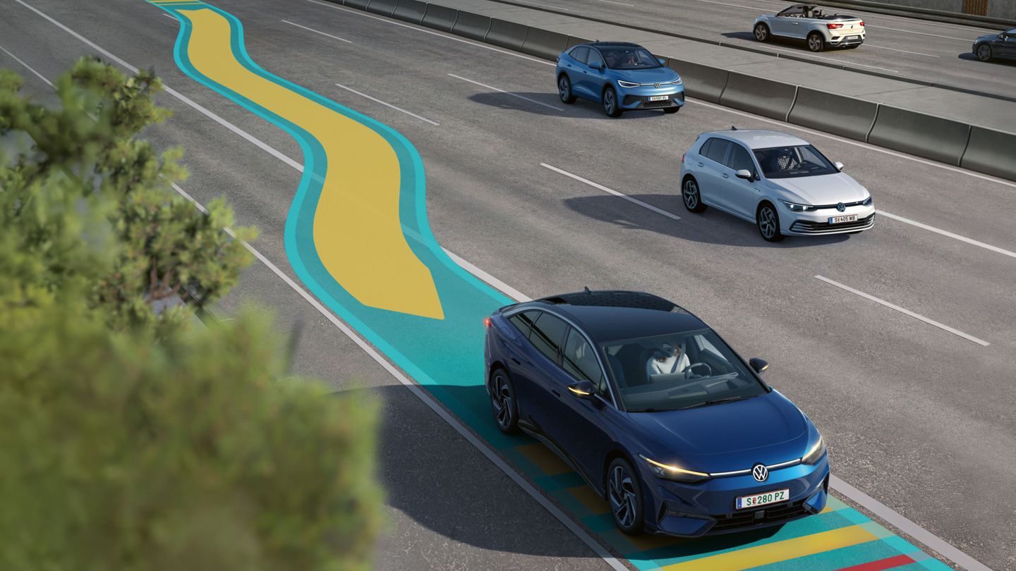 Illustration zeigt schematisch anhand eines VW ID.7 die Funktionsweise des Emergency Assist.
