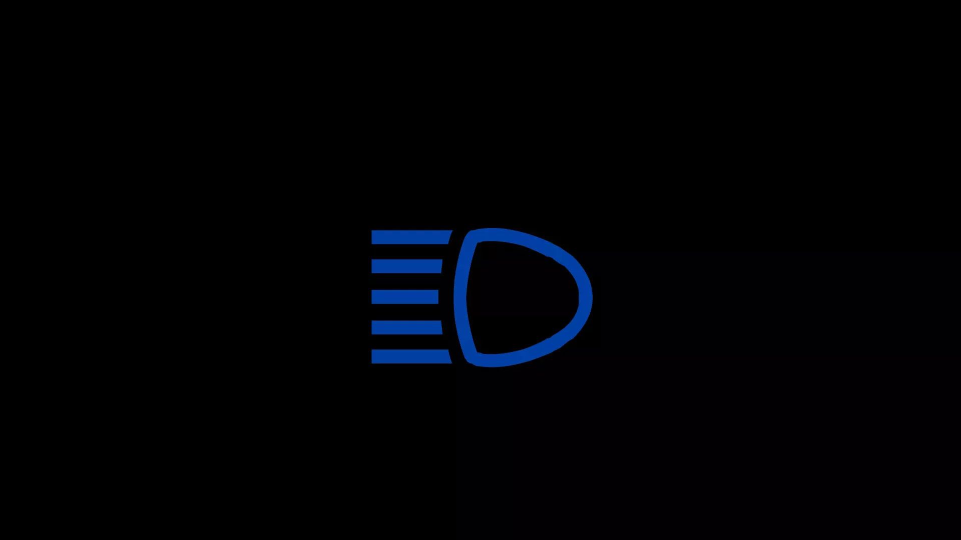 Symbol für eingeschaltetes Fernlicht, dargestellt durch einen blauen Scheinwerfer mit auffächernden Lichtstrahlen auf schwarzem Hintergrund.