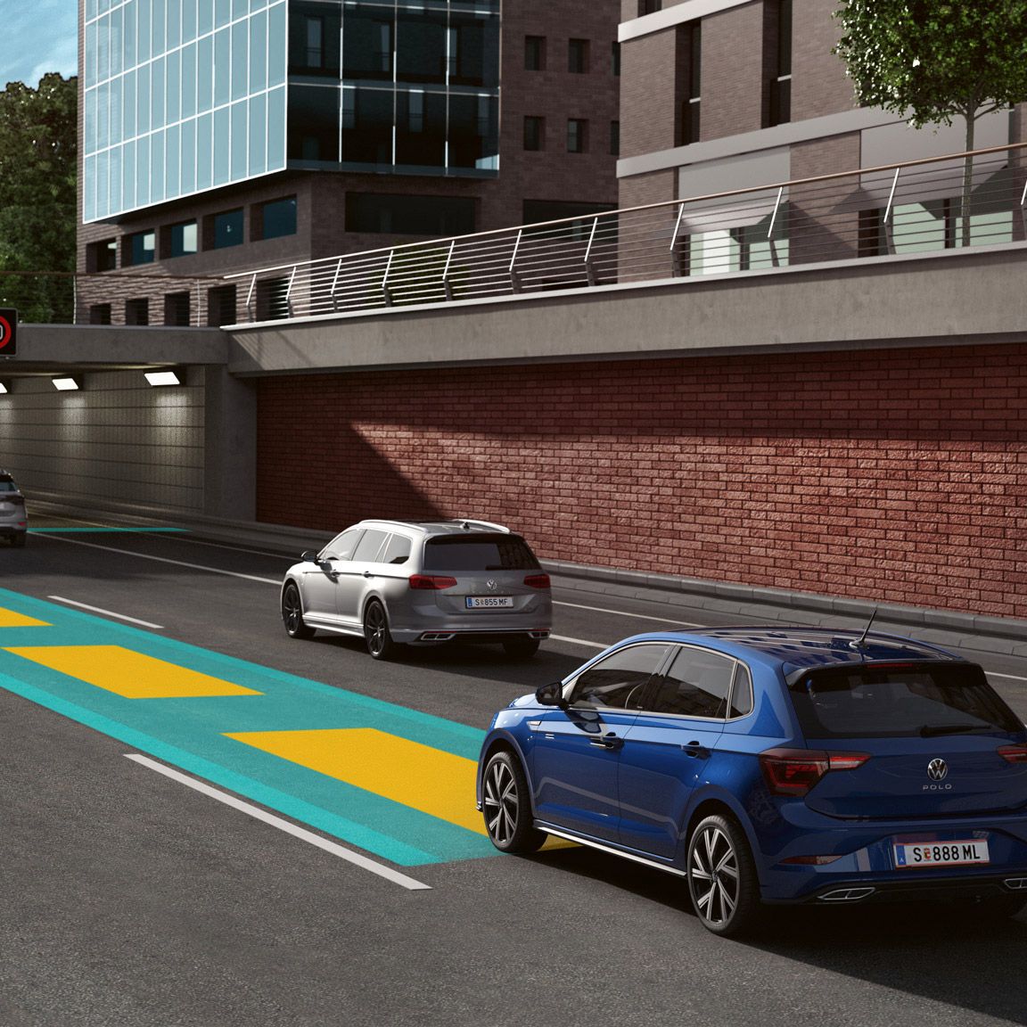 Illustration zeigt schematisch anhand eines VW Polo die Funktionsweise beim Travel Assist.