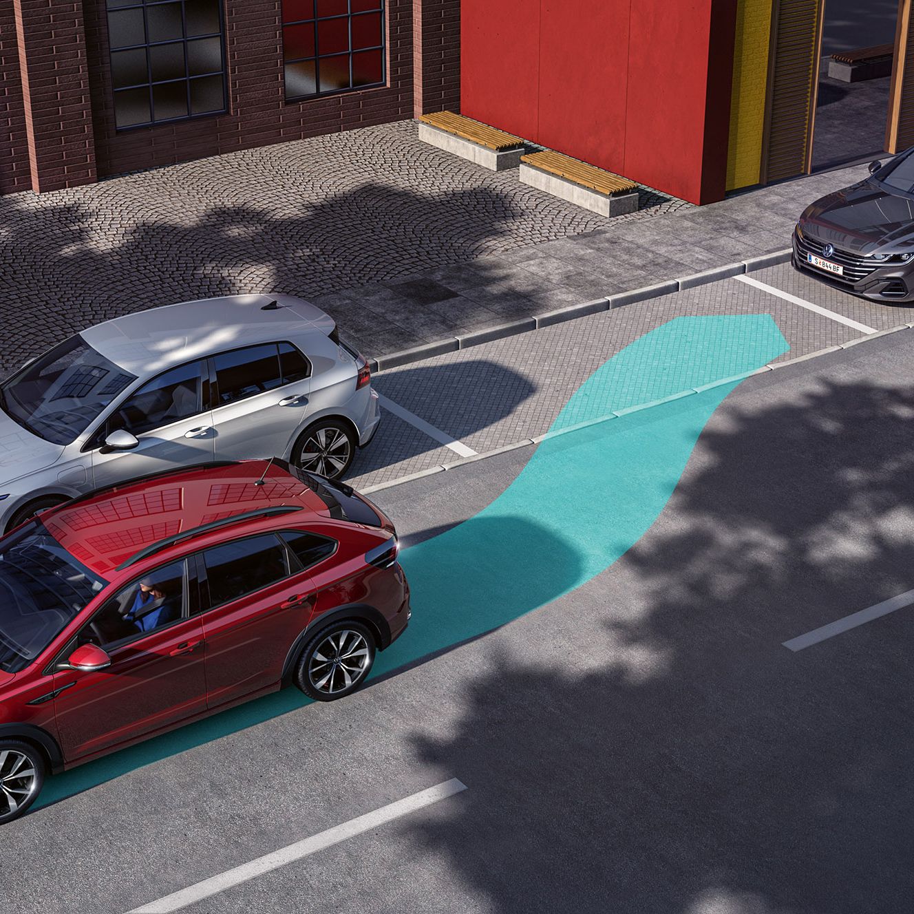 Grafik zeigt den Park Assist beim VW Taigo