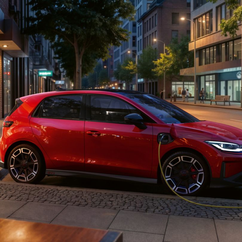 Ein roter VW ID. Polo GTI steht am Abend an einer AC-Ladestation in einem Geschäftsviertel.