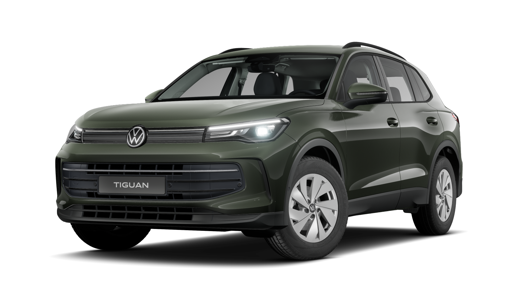 Ein dunkelgrüner Volkswagen Tiguan SUV. Das Auto hat vier Türen, große Scheinwerfer und weiße Felgen. Im Vordergrund ist das Modellname "Tiguan" zu sehen.