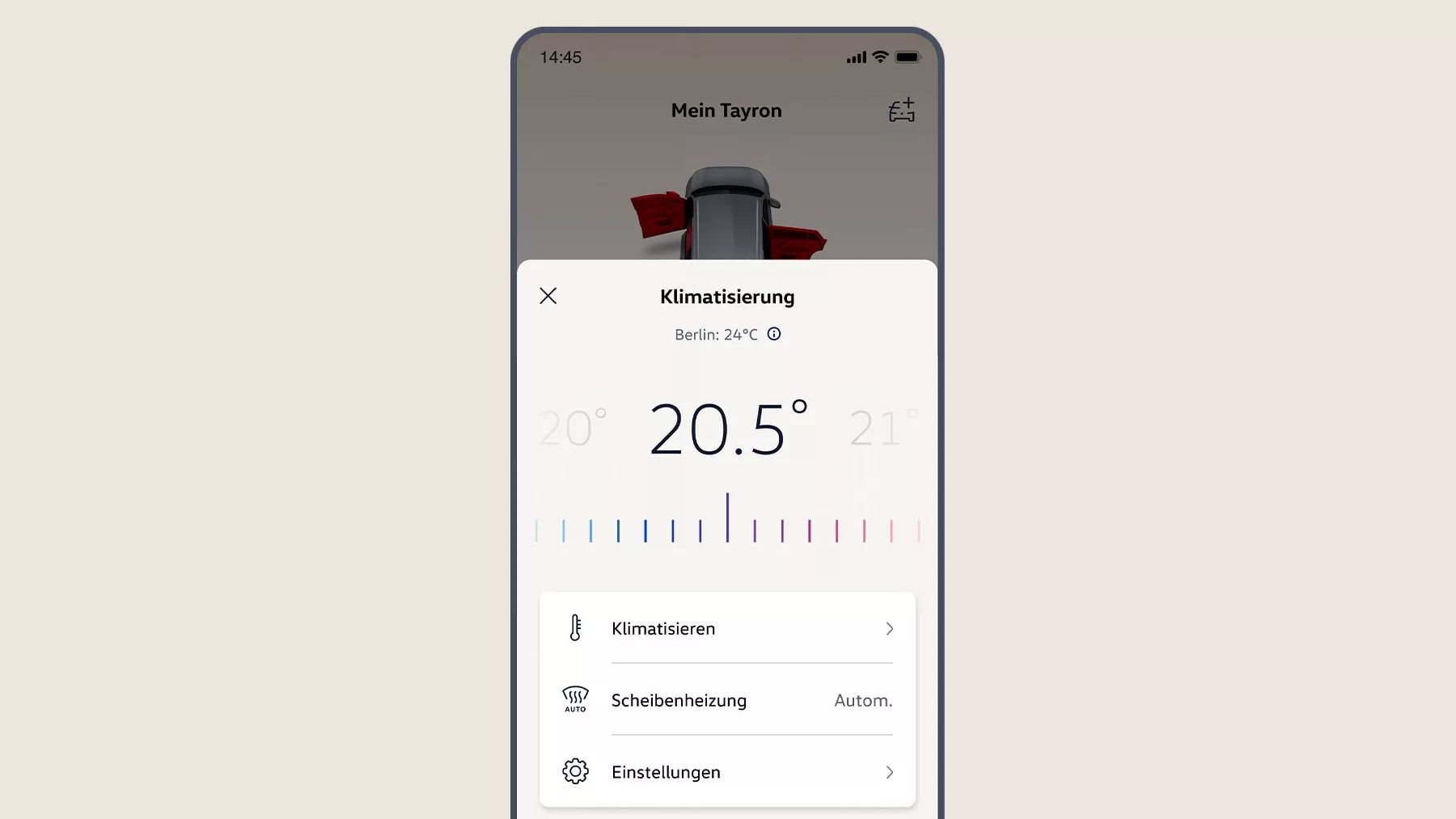 Anzeige der Klimatisierung in der Volkswagen App mit Temperatureinstellung für einen T-Roc.