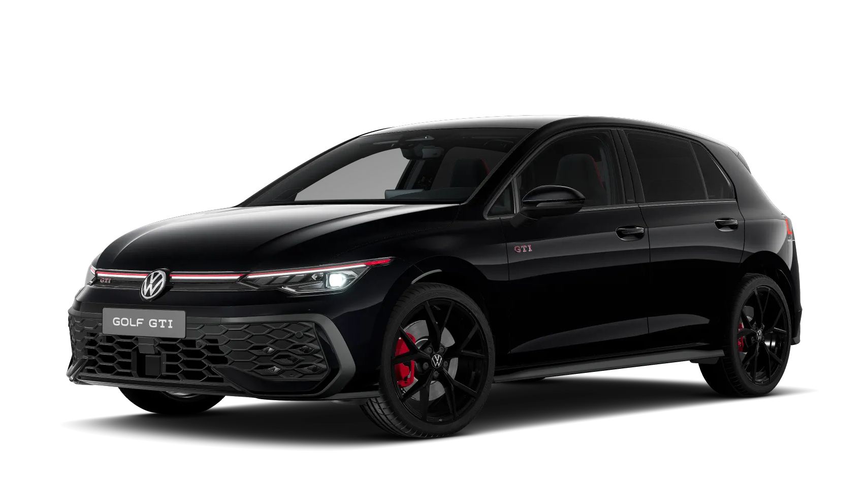 Schräge Frontansicht eines schwarzen Golf GTI Falco Edition 