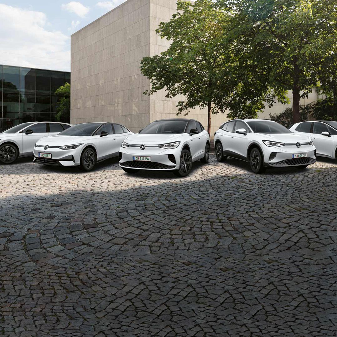 Die VW Business Modelle vor einem Gebäude aufgereiht.