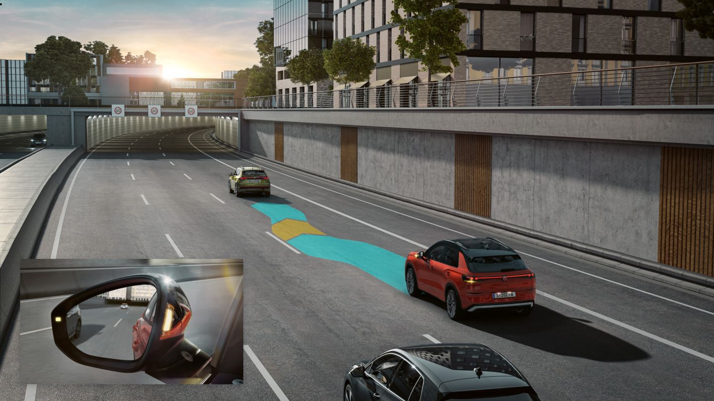 Illustration zeigt schematisch anhand eines VW T-Roc die Funktionsweise des Side Assist.