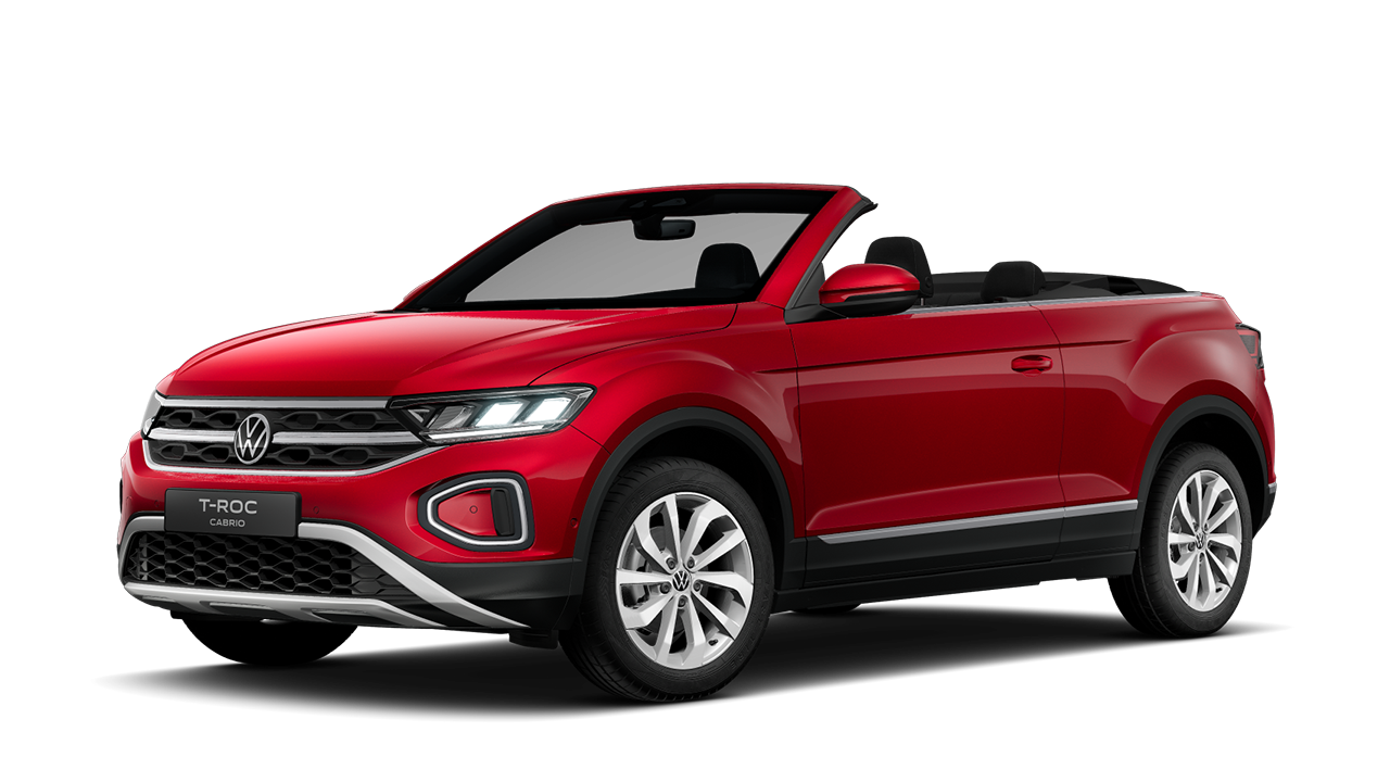 Schräge Frontansicht des T-Roc Cabriolet Style in Rauchgrau