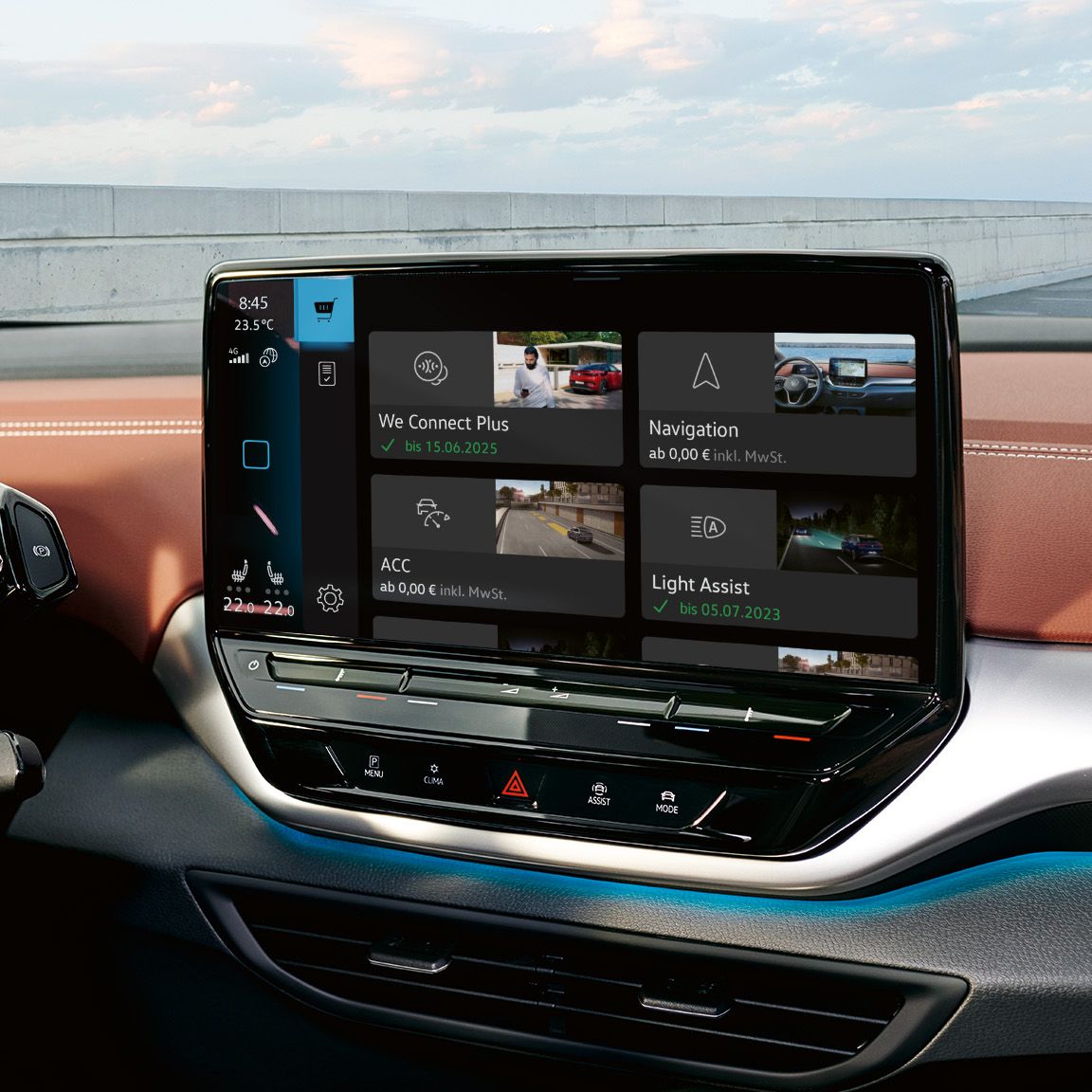 Detailaufnahme des Touchscreens im VW ID.5, Screen zeigt den In-Car Shop