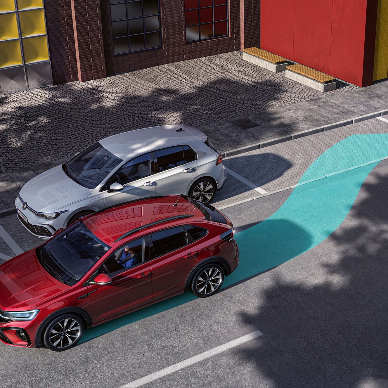 Grafik zeigt den Park Assist beim VW Taigo