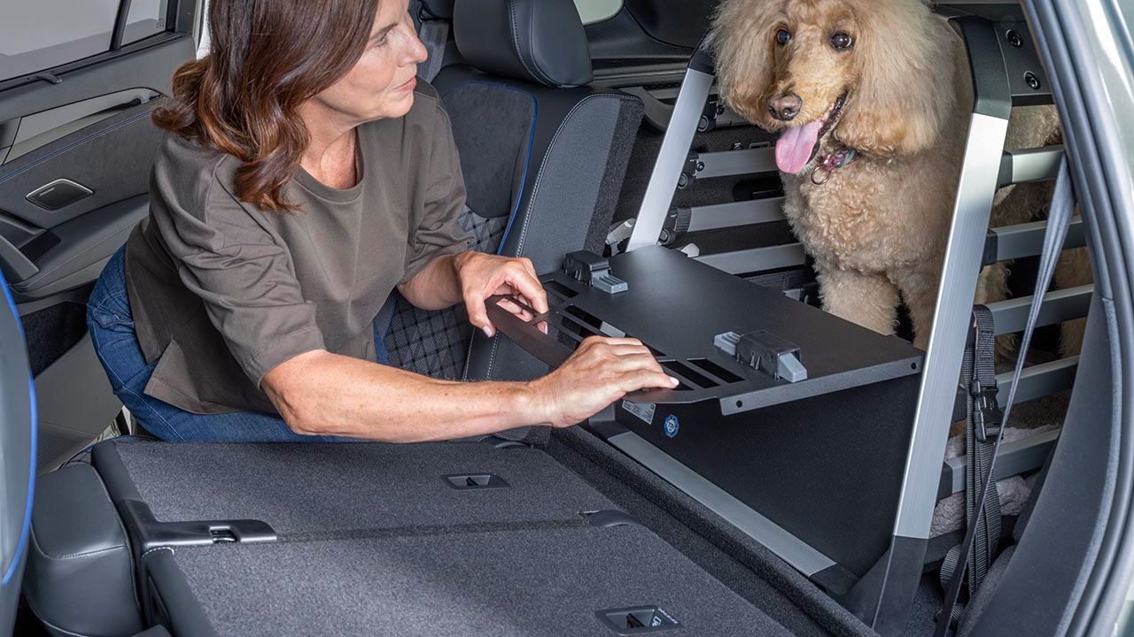 Eine Frau schließt eine Hundetransportbox im Kofferraum eines Volkswagen. Hinter dem Gitter sitzt ein hellbrauner Pudel mit herausgestreckter Zunge und schaut sie an.