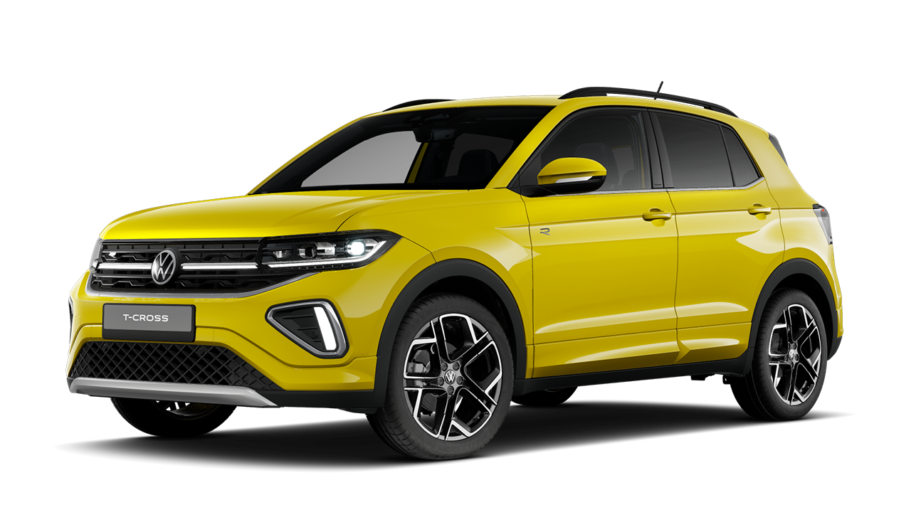 Front- und Seitenansicht eines gelben VW T-Cross