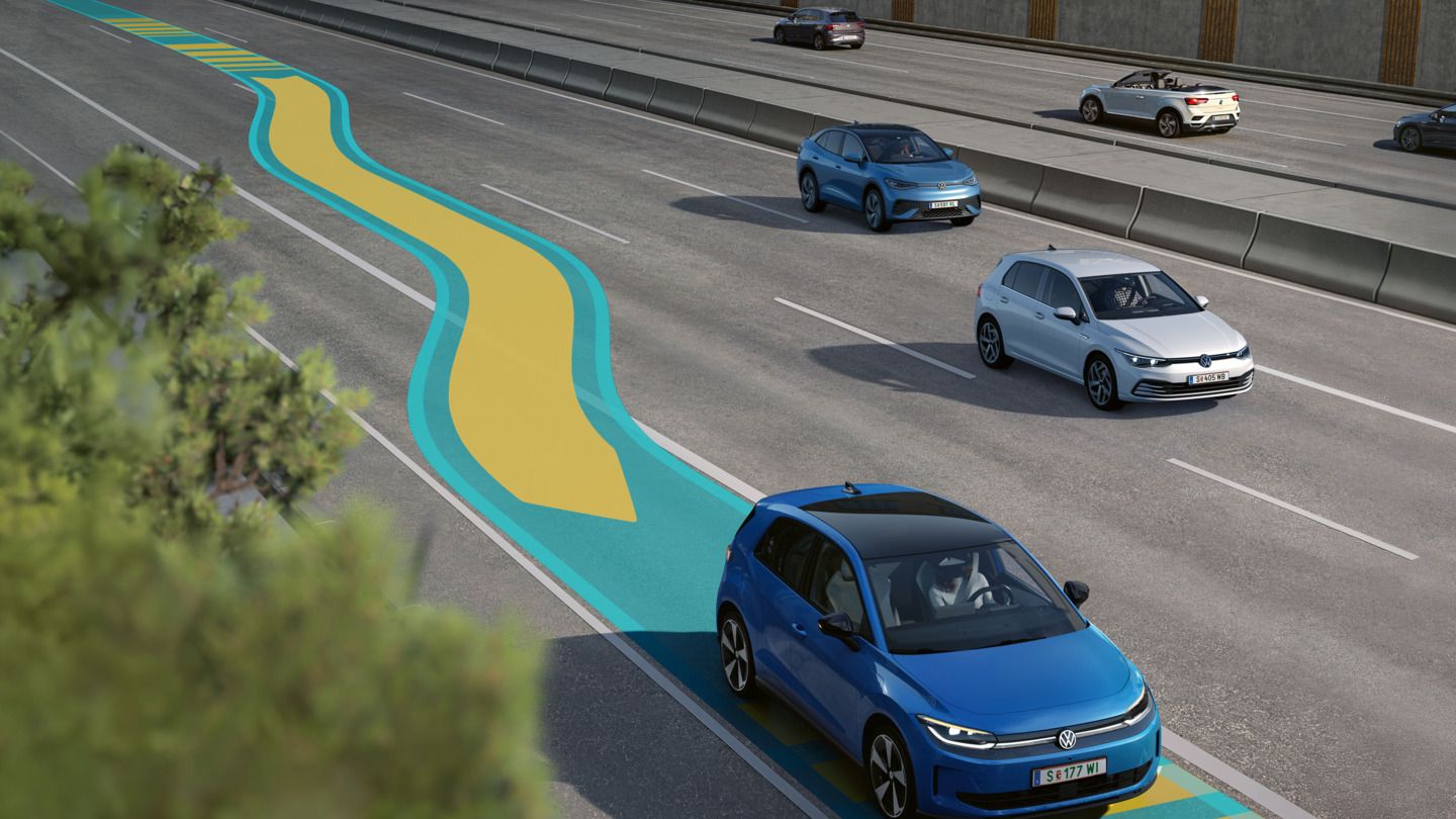 Illustration zeigt schematisch anhand eines blauen VW ID. Polo die Funktionsweis des Emergency Assist