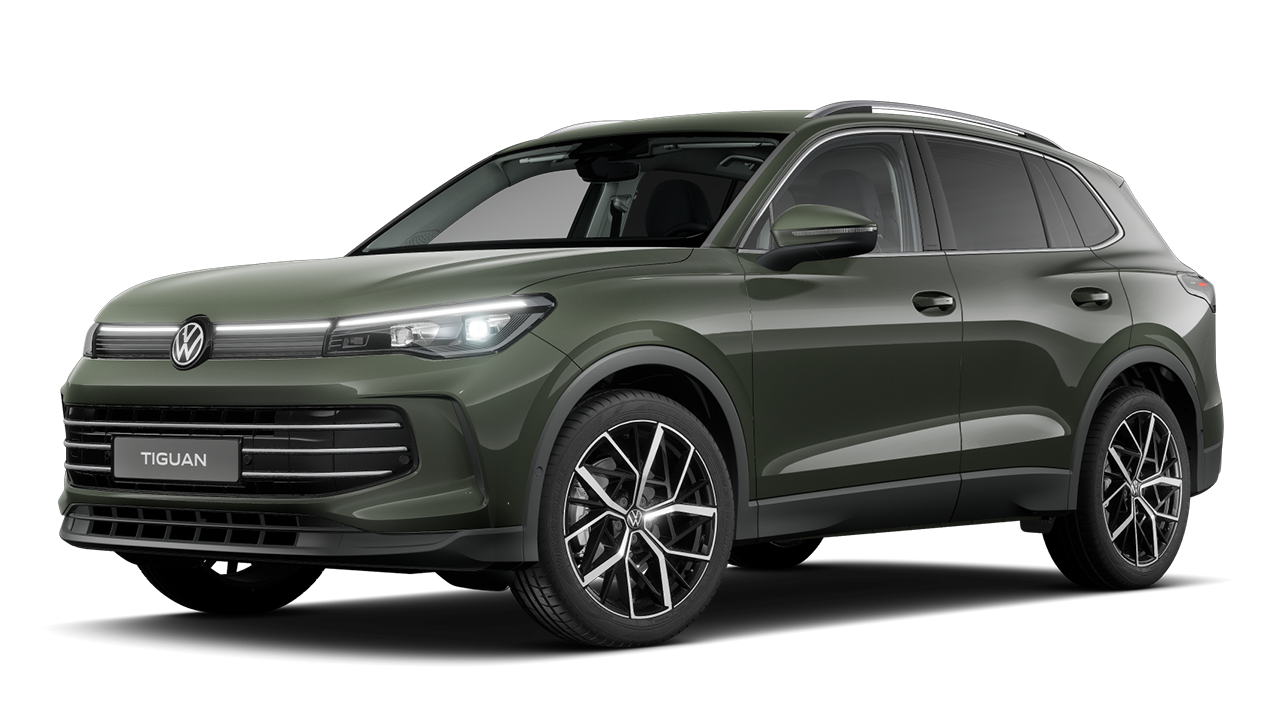 Schräge Frontansicht des Tiguan in Cipressino-Grün Metallic