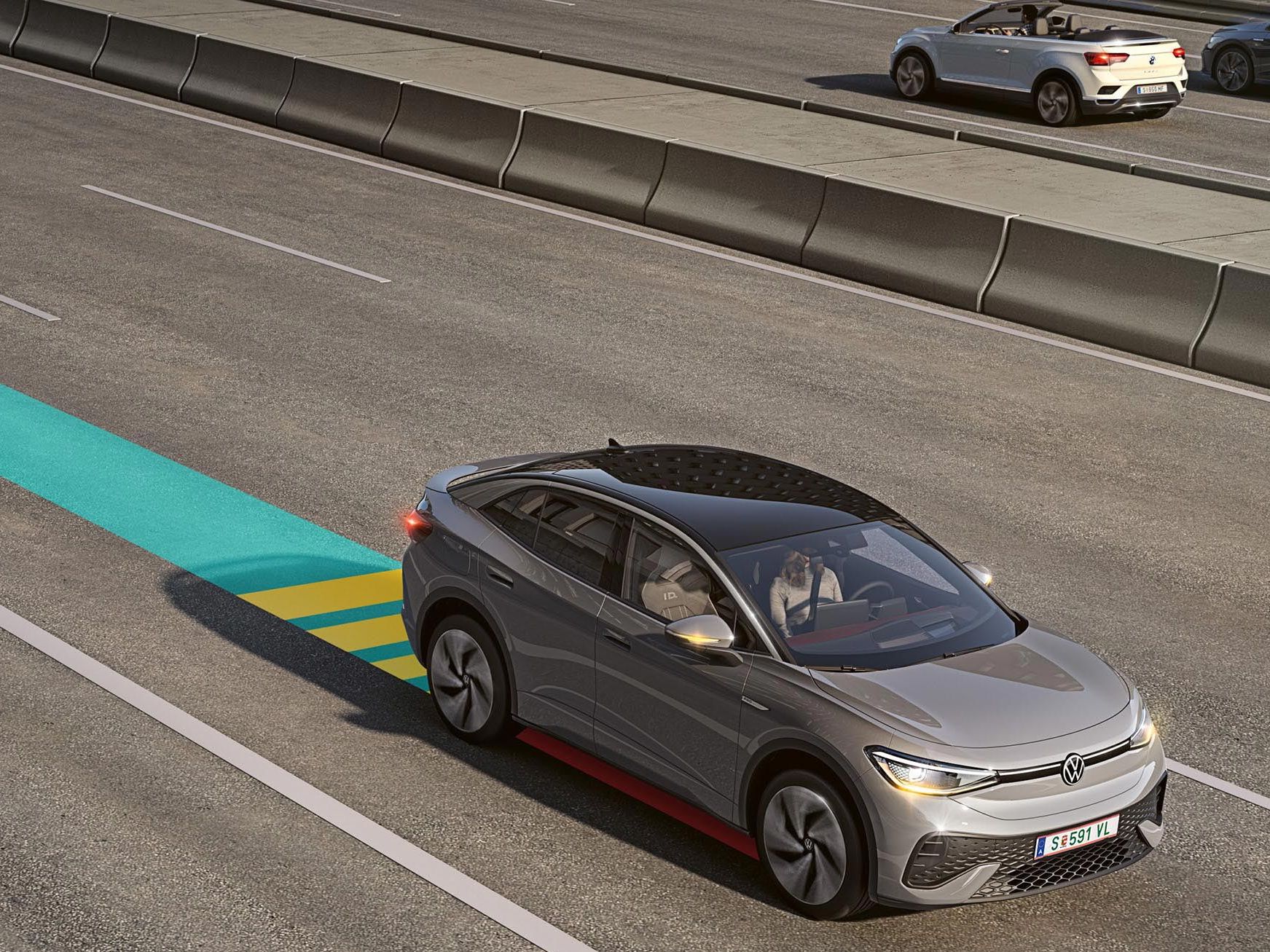Illustration zeigt schematisch anhand eines VW ID.5 die Funktionsweise des Emergency Assist. 