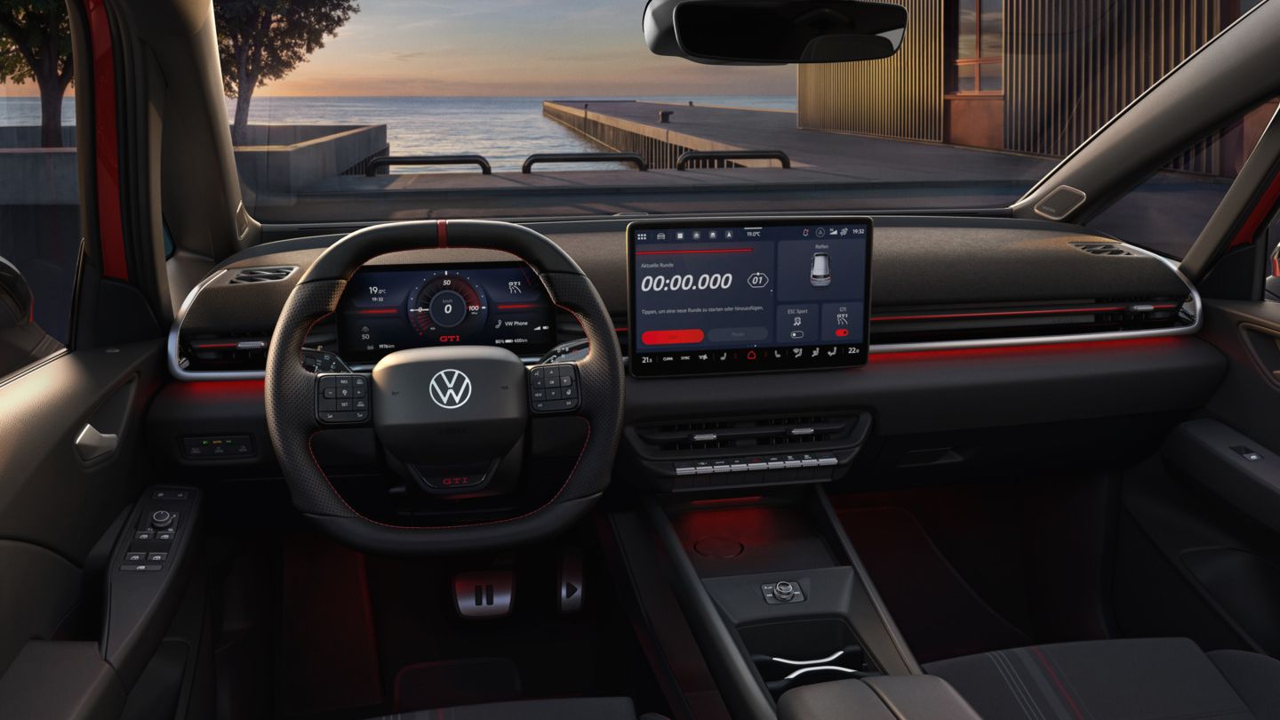 [AI-modified] – Blick auf das Cockpit eines VW ID.3 GTI kurz vor Sonnenuntergang.