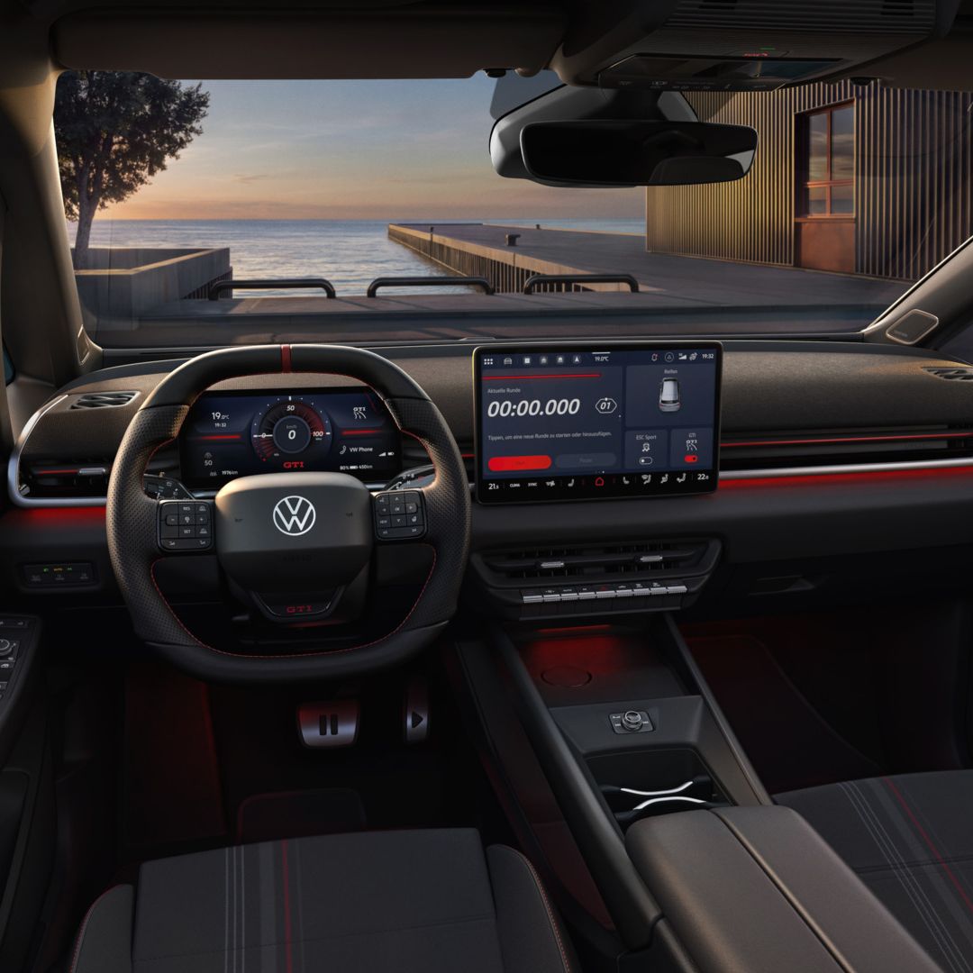 [AI-modified] – Blick auf das Cockpit eines VW ID.3 GTI kurz vor Sonnenuntergang.