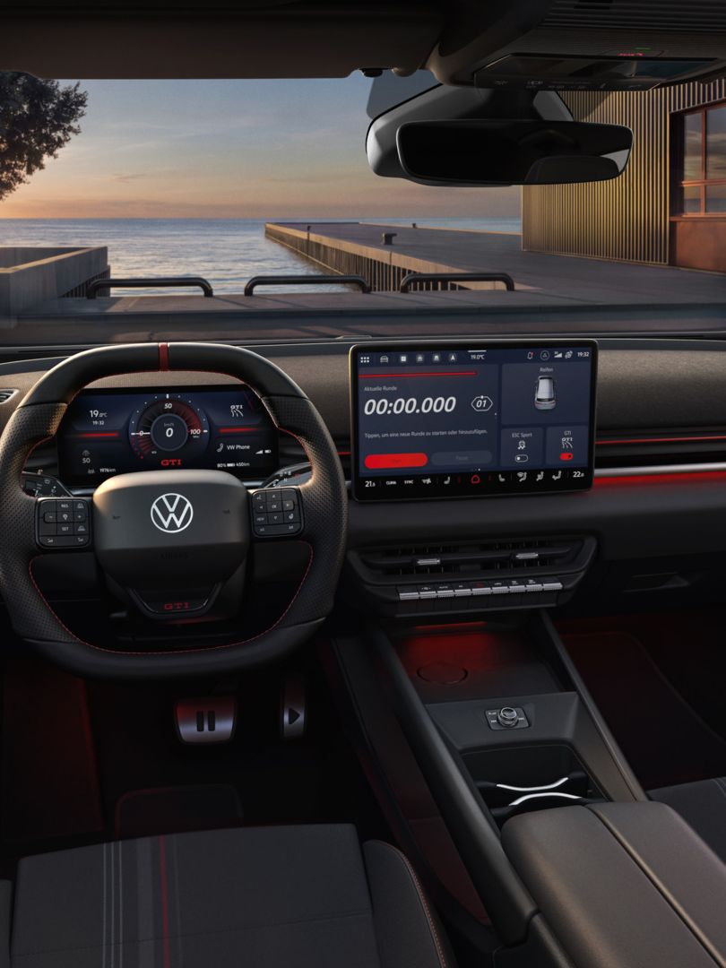 [AI-modified] – Blick auf das Cockpit eines VW ID.3 GTI kurz vor Sonnenuntergang.