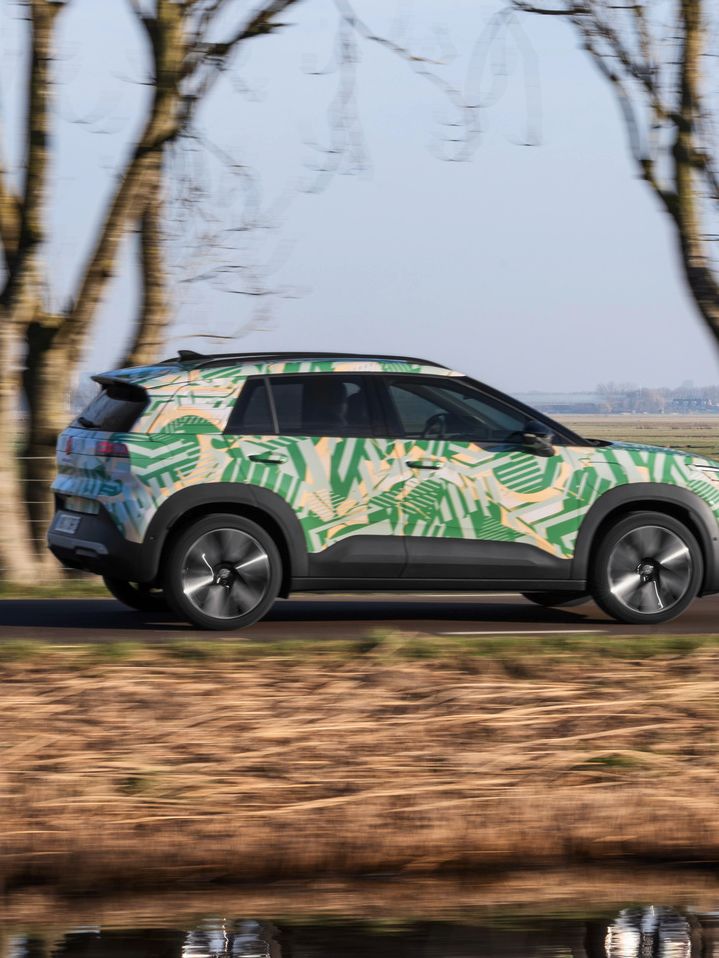 Ein SUV fährt auf einer ländlichen Straße vorbei an kahlen Bäumen und einem Wassergraben. Das Auto ist mit einem bunten, tropischen Muster bemalt. Im Hintergrund ist eine grüne Wiese und wolkenloser Himmel zu sehen.