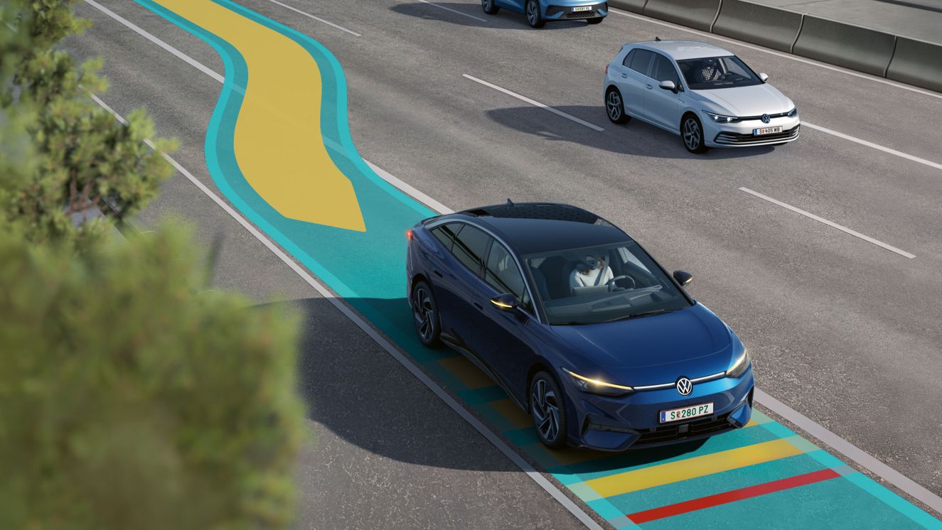 Illustration zeigt schematisch anhand eines VW ID.7 die Funktionsweise des Emergency Assist.