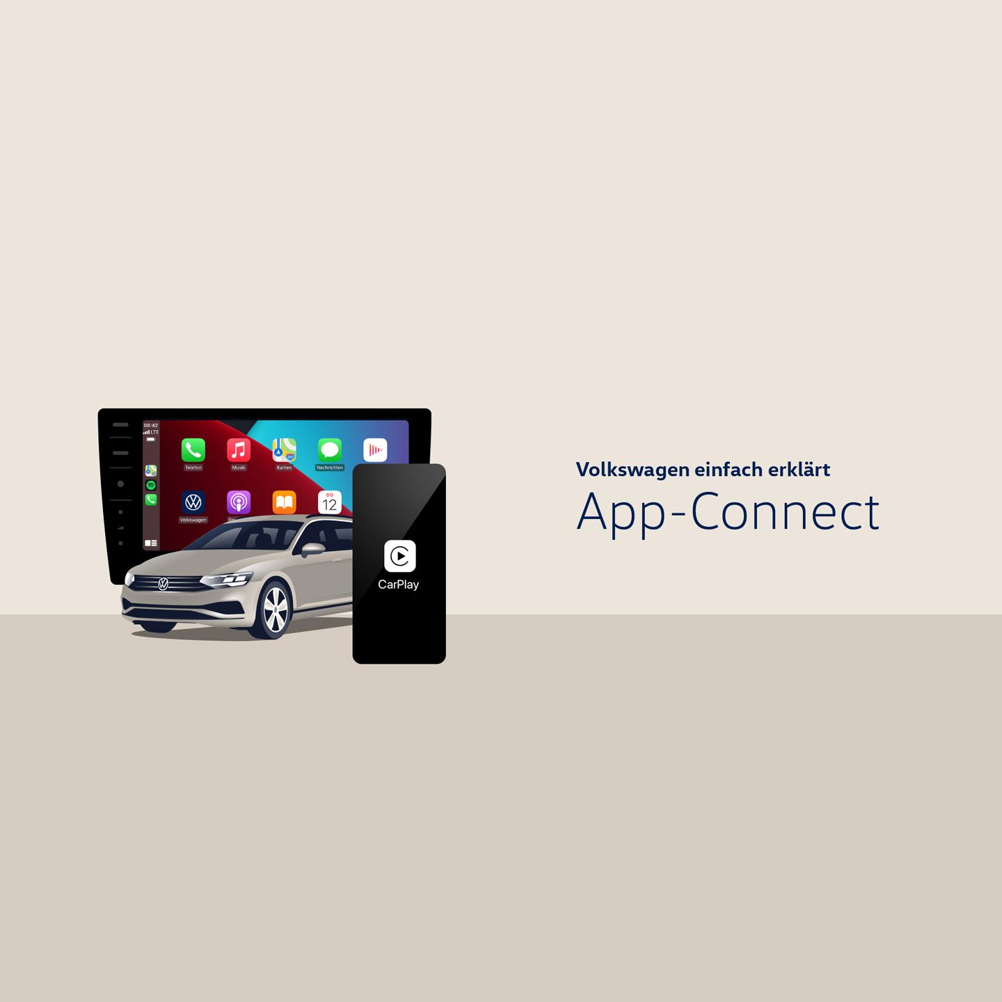 Illustration eines Volkswagen-PKWs vor einem Infotainment-Display, auf dem Smartphone-Apps wie Karten, Musik und Nachrichten zu sehen sind. Daneben steht ein Smartphone mit CarPlay-Logo. Rechts daneben steht der Text „Volkswagen einfach erklärt – App-Connect“ auf hellem Hintergrund.