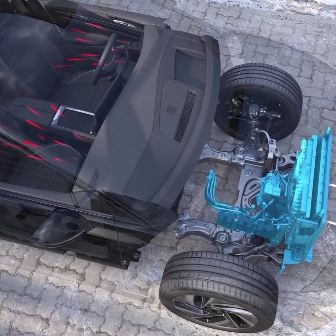 Illustration eines Autos mit transparentem Gehäuse, das die Mechanik darunter zeigt. Zu sehen sind Vorderachse, Räder und in Blau hervorgehoben die Wärmepumpe. Die Innenausstattung des Fahrzeuges ist ebenfalls teilweise sichtbar.