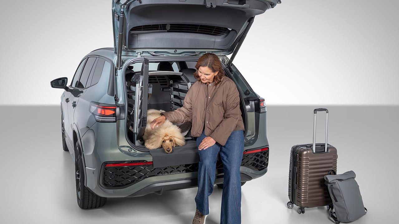 Eine Frau sitzt auf der Ladekante eines Volkswagen und streichelt einen liegenden Hund in einer Transportbox. Neben dem Auto stehen ein Hartschalenkoffer und ein kleiner Rucksack.