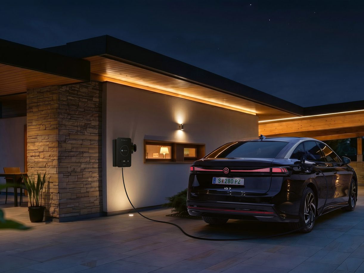Ein schwarzes Elektroauto steht nachts in der Einfahrt eines modernen Hauses und ist an einer Wallbox zum Laden angeschlossen. Warmes, indirektes Licht an Fassade und Carport beleuchtet die Szene stimmungsvoll. Im Hintergrund sind Berge oder Hügel im Dämmerlicht zu erkennen.