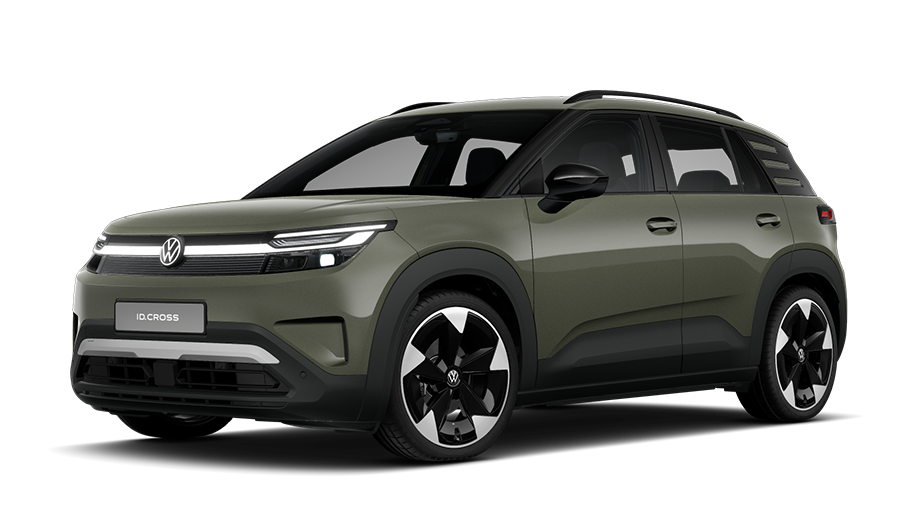 Olivgrüner ID. Cross mit VW-Logo und futuristischer LED-Lichtleiste an der Front, seitlich leicht von vorne gezeigt. Schwarze Anbauteile und großflächige, zweifarbige Felgen betonen den sportlichen Charakter. Der Hintergrund ist neutral, sodass der Fokus komplett auf dem Fahrzeug liegt.