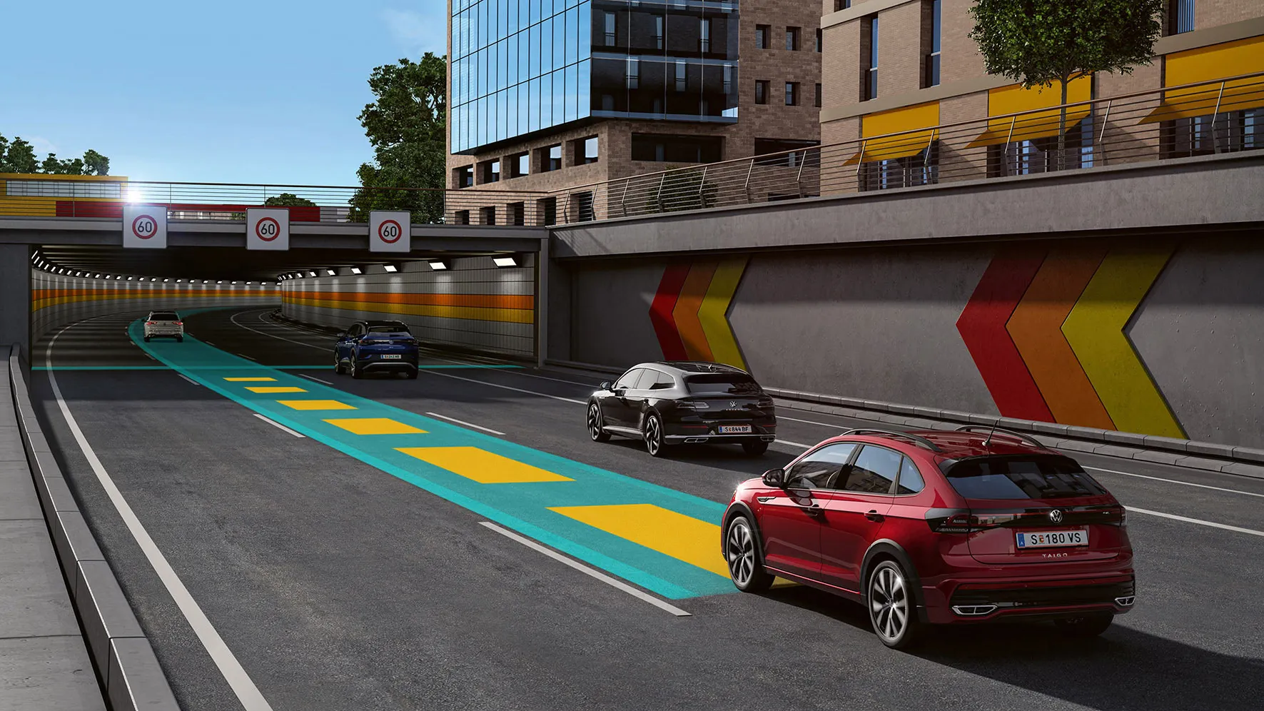 Illustration zeigt schematisch anhand eines VW Taigo die Funktionsweise des Travel Assist.