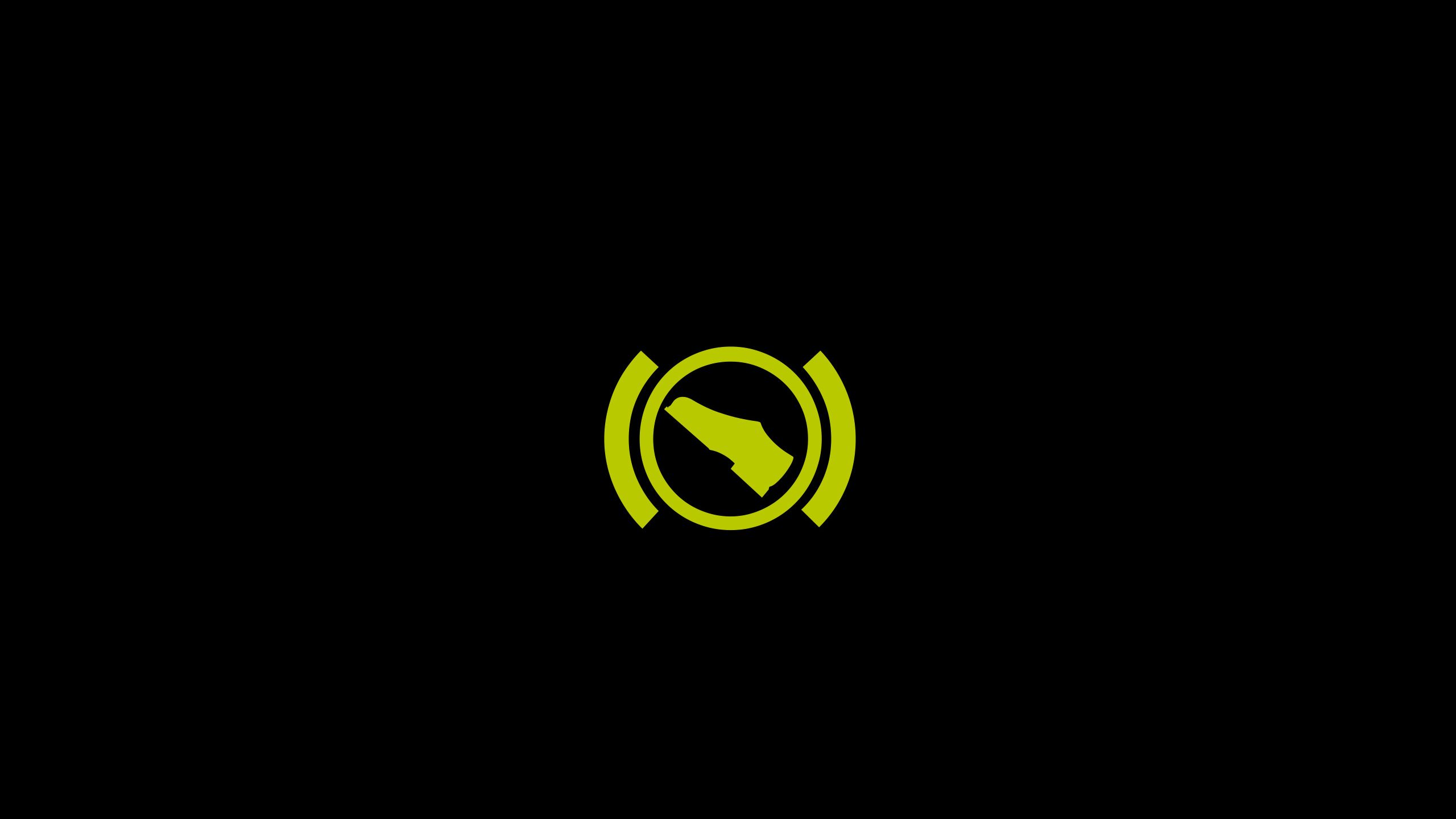 Ein Symbol eines gelben Schuhs in einem Kreis auf schwarzem Hintergrund. Das Symbol kann auf Wartung oder Reparatur hinweisen. Es wird oft in Fahrzeuganzeigen verwendet.