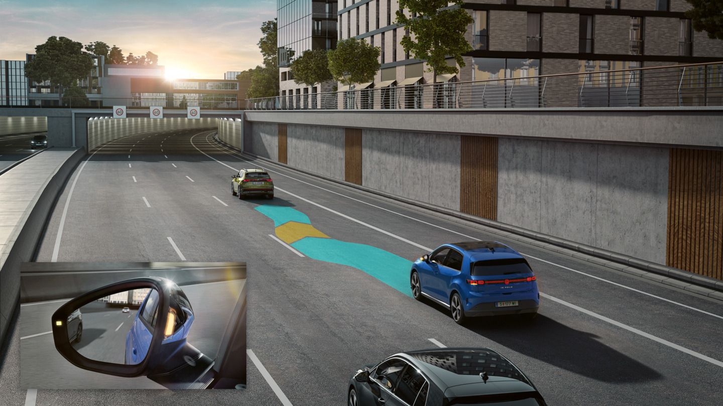 llustration zeigt schematisch anhand eines VW ID.Polo die Funktionsweise des Side Assist