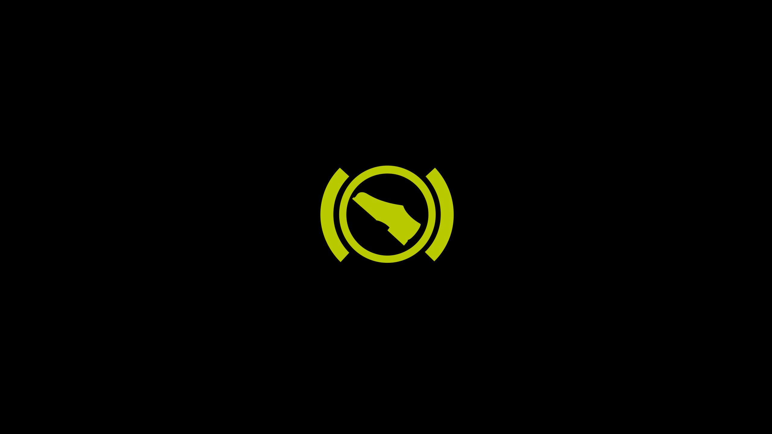 Ein Symbol eines gelben Schuhs in einem Kreis auf schwarzem Hintergrund. Das Symbol kann auf Wartung oder Reparatur hinweisen. Es wird oft in Fahrzeuganzeigen verwendet.