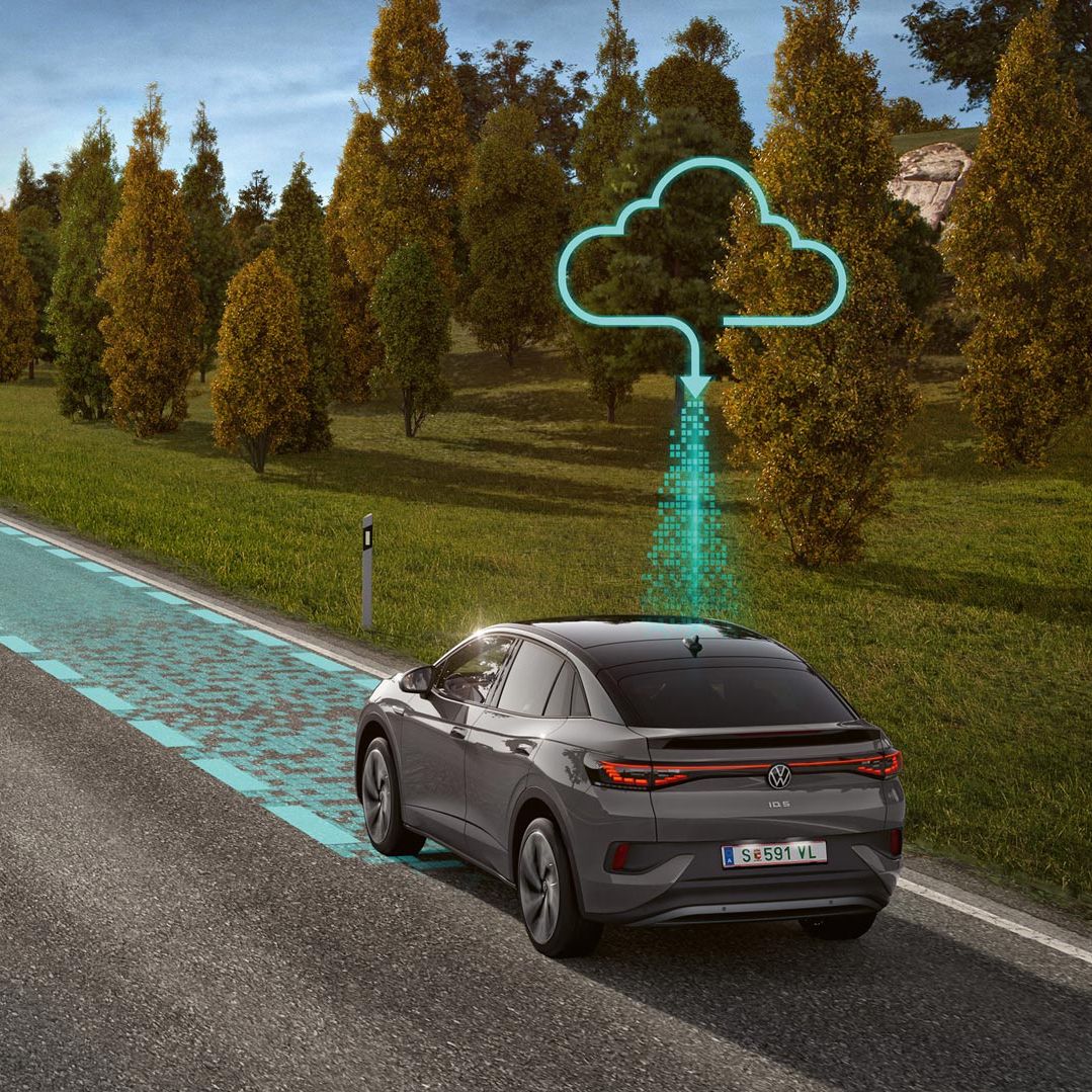 Illustration zeigt schematisch anhand eines VW ID.5 die Funktionsweise des Connected Travel Assist mit Schwarmdaten. 