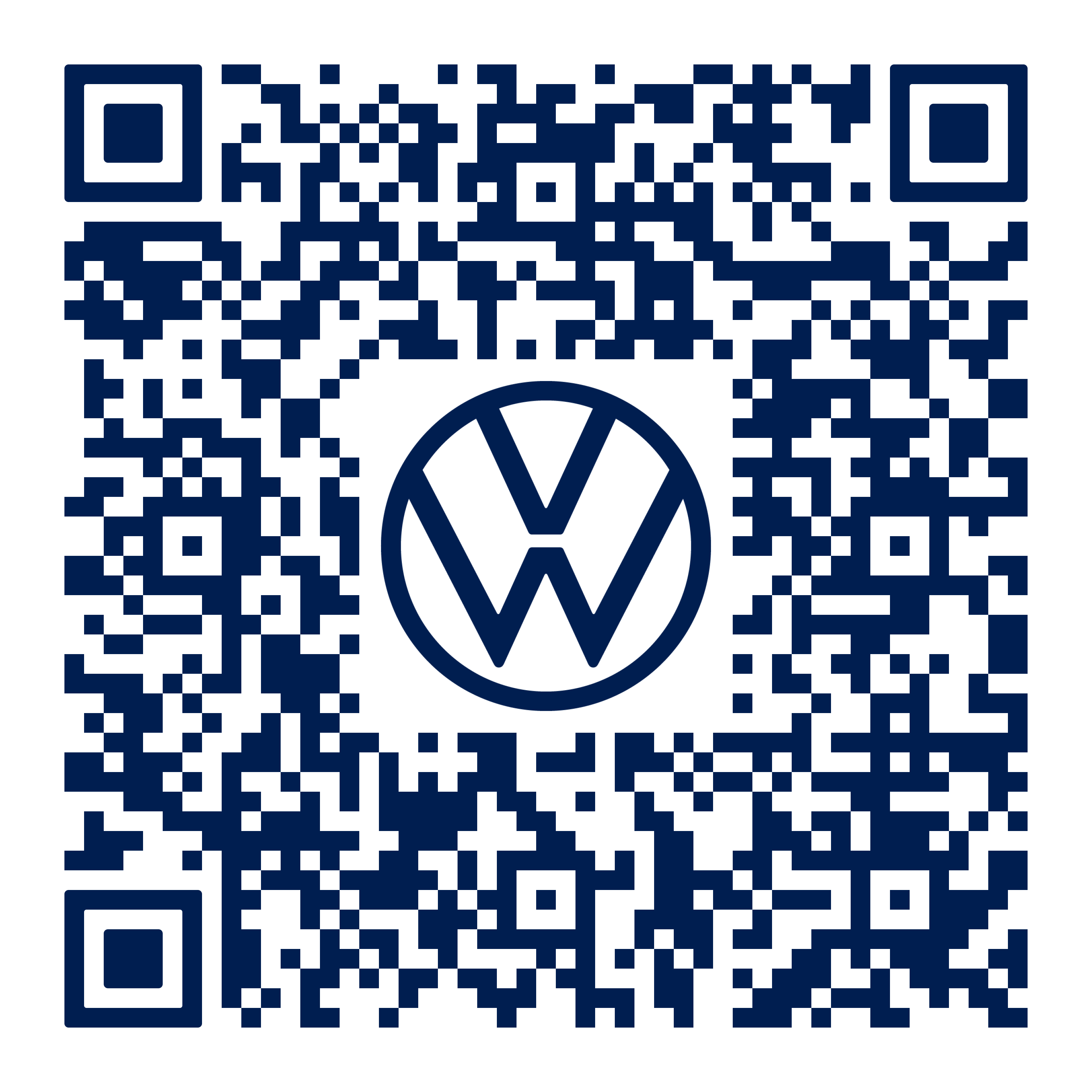 Ein QR-Code in blau-weißer Farbe. In der Mitte des QR-Codes befindet sich das Volkswagen-Logo. Der Code ist auf einem weißen Hintergrund.