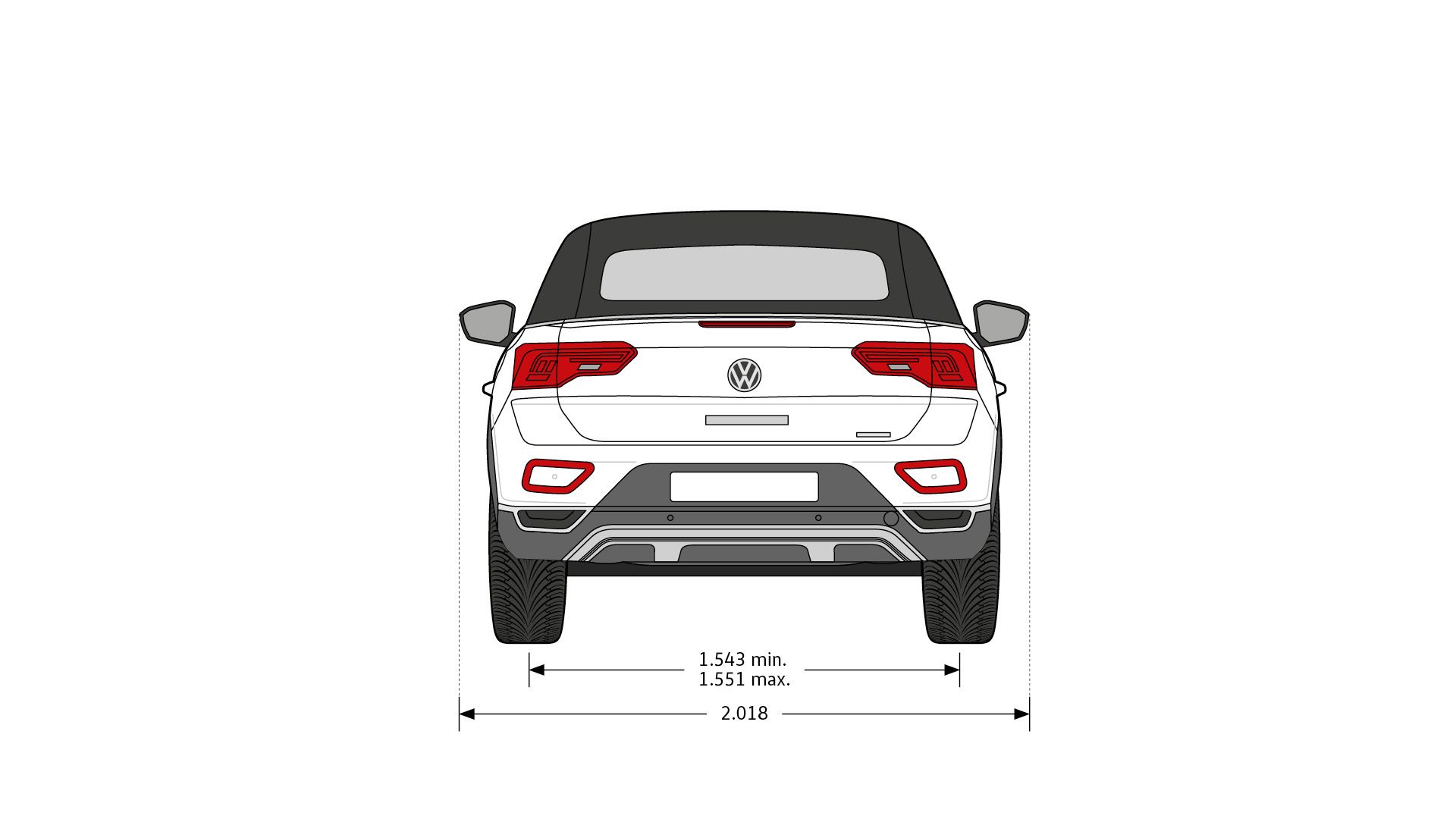 Heckansicht eines T-Roc Cabriolet inklusive der Abmessungen