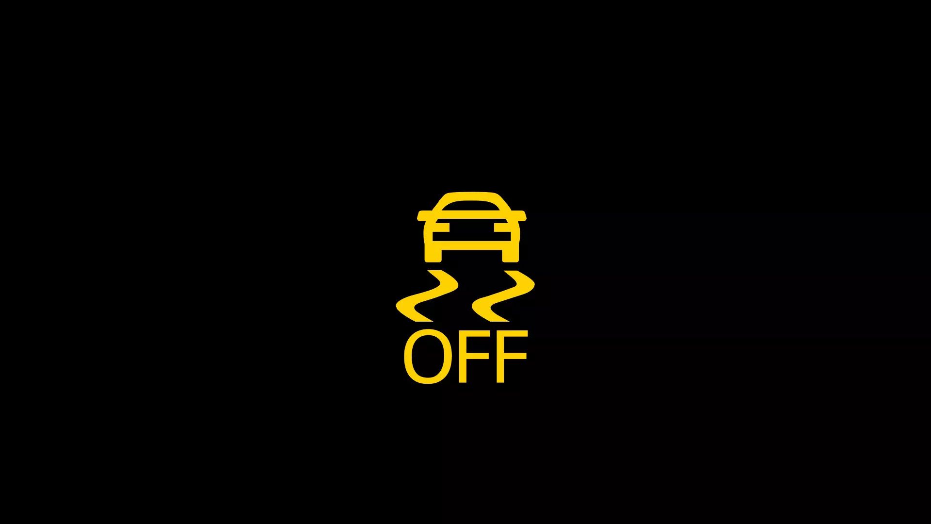 Ein gelbes Symbol auf schwarzem Hintergrund zeigt ein Auto über zwei geschlängelte Linien. Darunter steht das Wort "OFF" in Großbuchstaben. Dies deutet darauf hin, dass die Traktionskontrolle deaktiviert ist.
