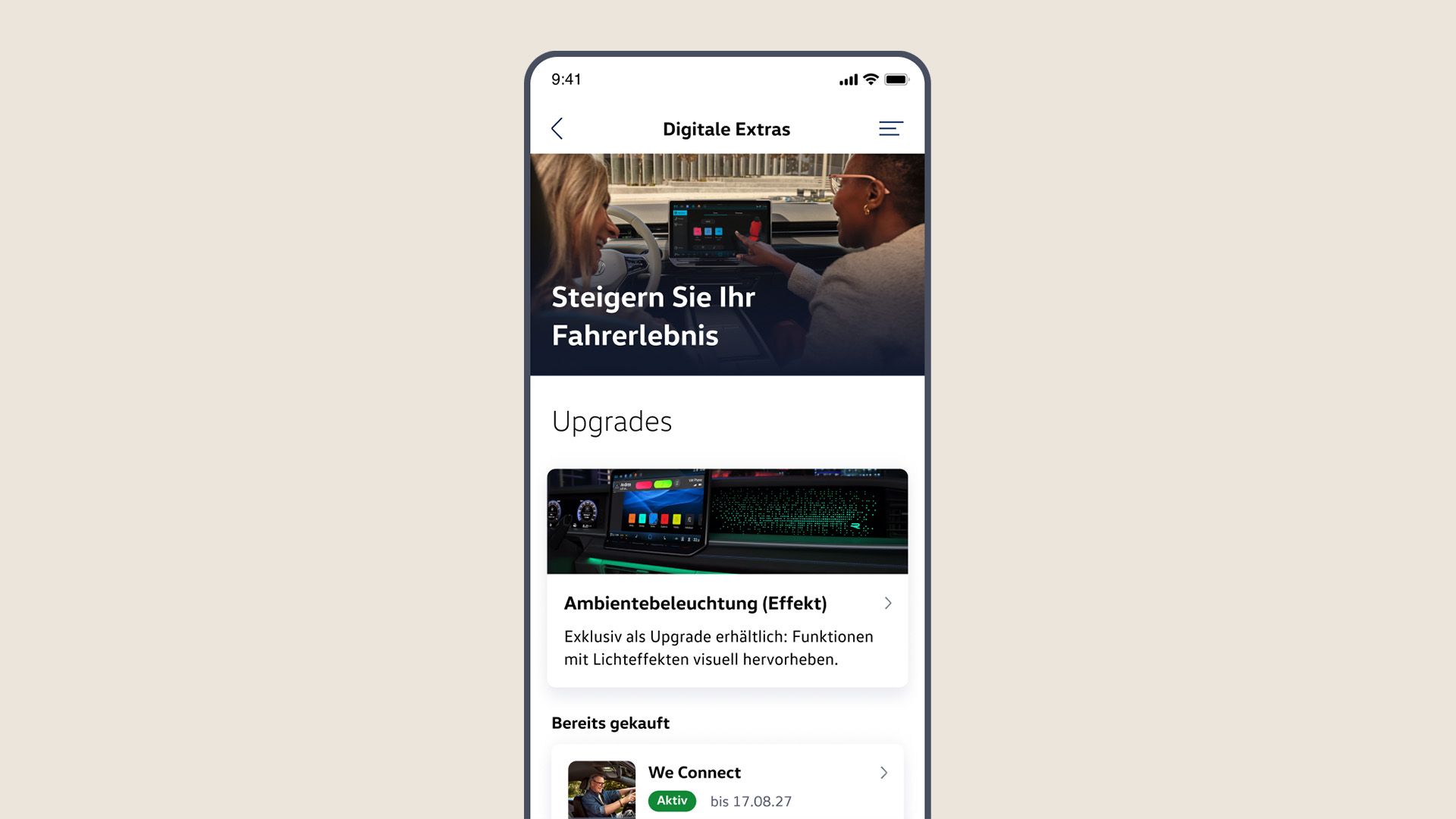 Ansicht „Digitale Extras“ in der Volkswagen App mit Übersicht zu verfügbaren Upgrades.